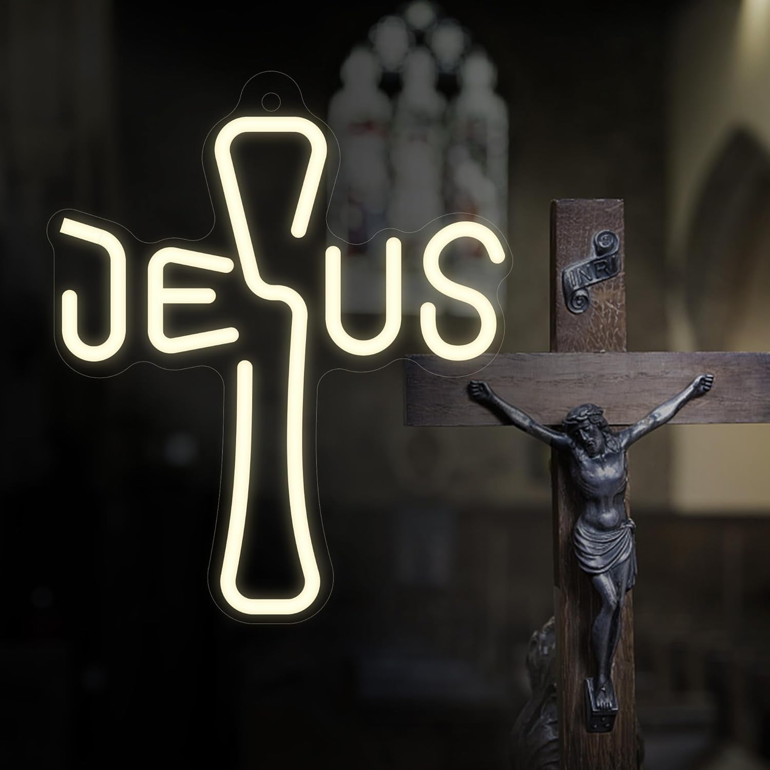 Jesus Cross Neon Sign - Unique Design, Dimmable LED Night Light USB Powered for Home Decor