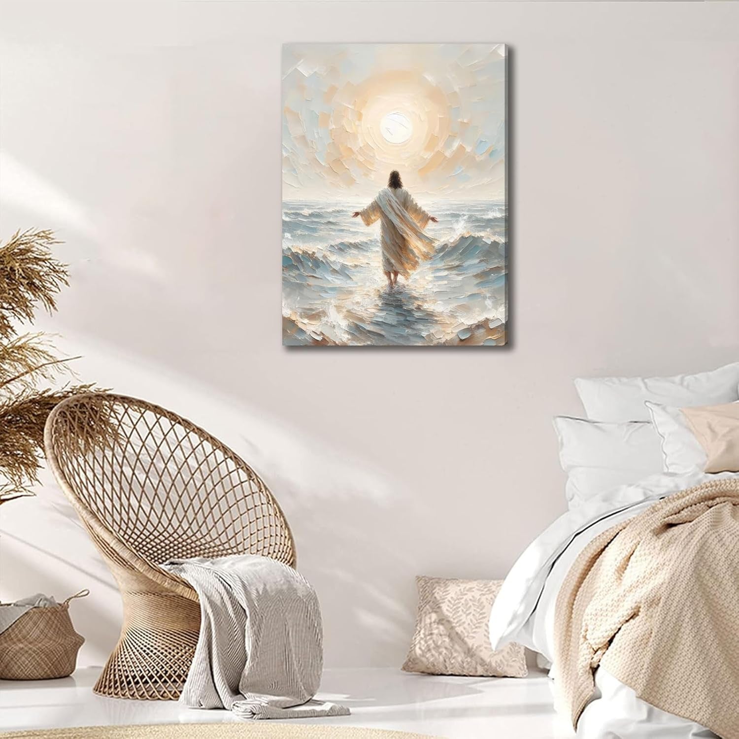 Jesus Walks on Water Canvas Wall Art Christian Bible Stories Wall Decor Picture Jesus Walking on Water Back Poster Print for Living Room Bedroom Church Ready to Hang