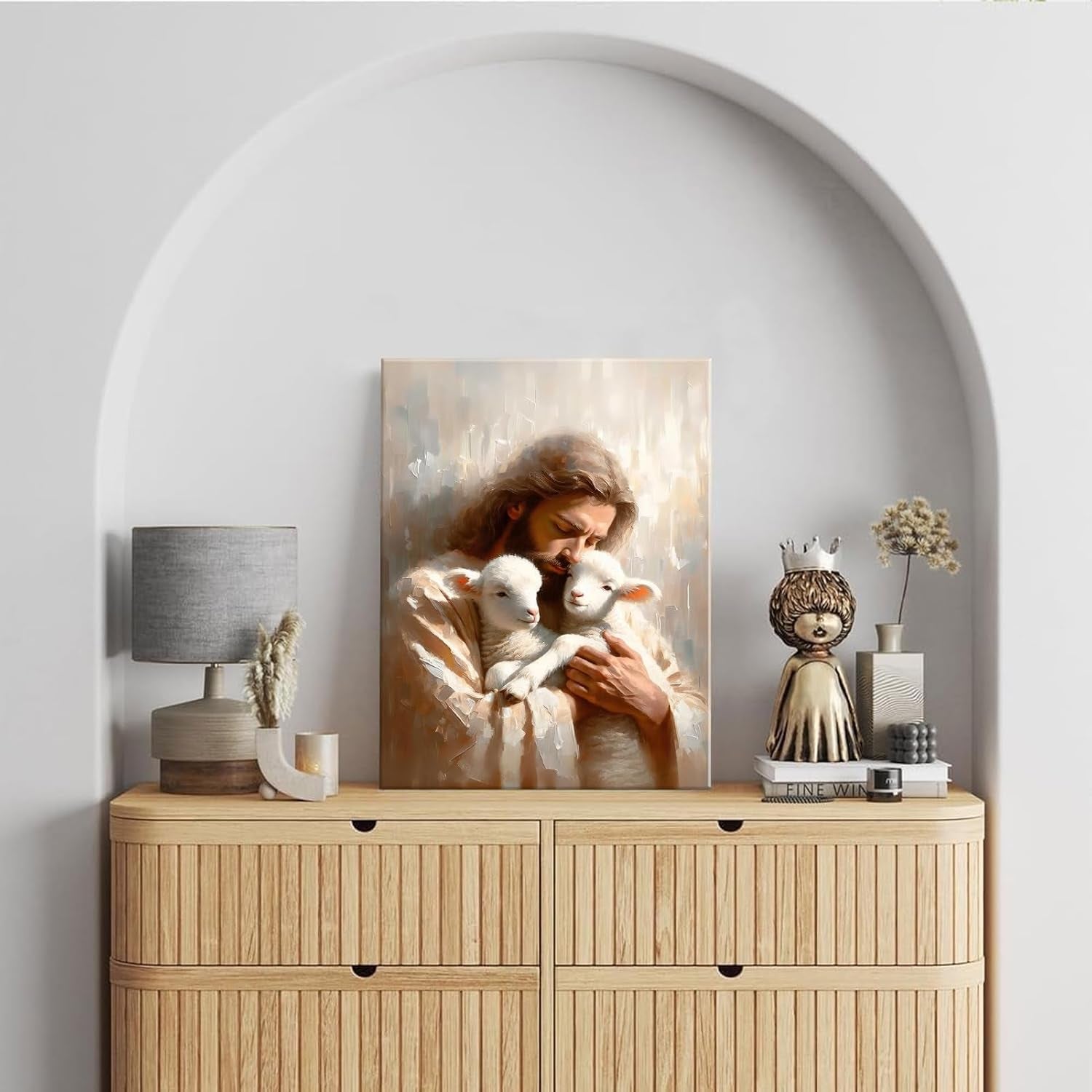 Jesus and Lambs Canvas Wall Art Jesus Christ the Good Shepherd Wall Decor Picture Jesus Rescues Little Lambs Religious Poster Print for Living Room Bedroom Home Decoration,12X16In