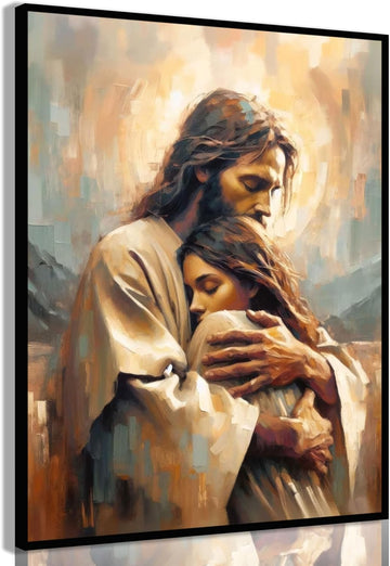 Jesus Embracing Woman Wall Art Safe Haven Poster Jesus Canvas Prints Christian Spiritual Painting Bible Art Pictures Jesus and Girl Wall Decor for Bedroom Living Room Dining Room Church Unframed