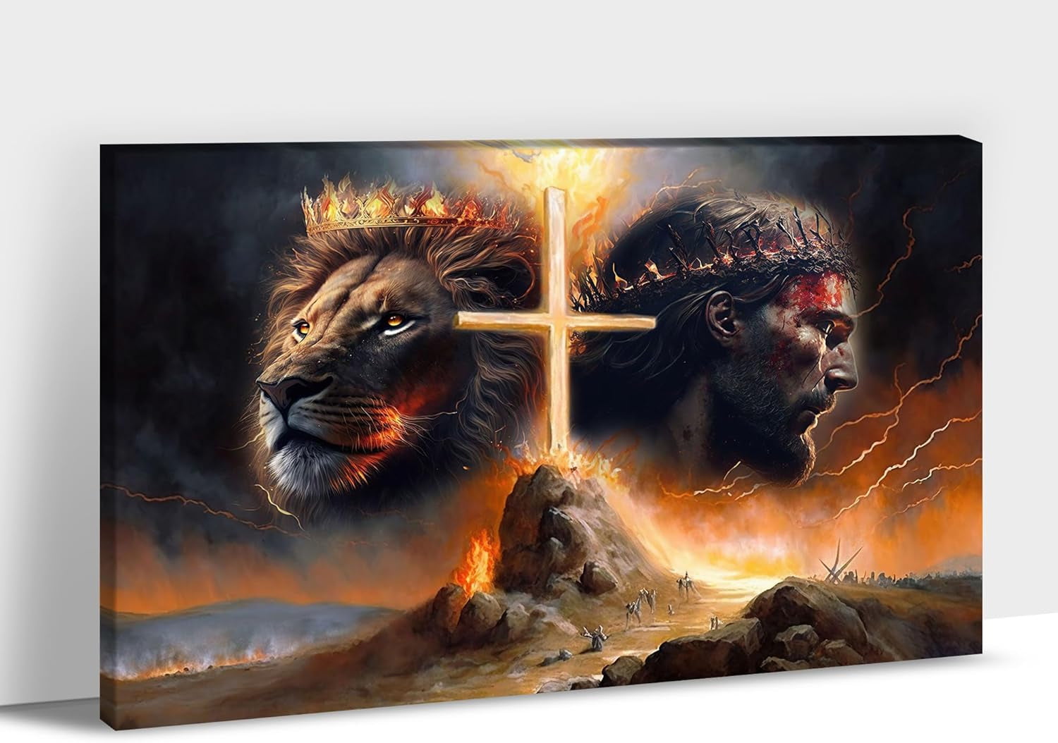 Jesus Lion Wall Art - Lion of Judah Wall Art for Christian Wall Decor, Lion and Jesus Poster Picture Wall Decor, Christian Art Jesus Painting Canvas Print for Bedroom Framed 12X18 Inches