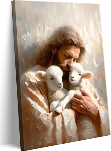 Jesus and Lambs Canvas Wall Art Jesus Christ the Good Shepherd Wall Decor Picture Jesus Rescues Little Lambs Religious Poster Print for Living Room Bedroom Home Decoration,12X16In