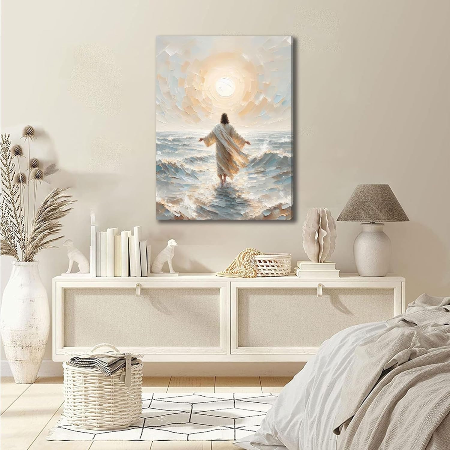 Jesus Walks on Water Canvas Wall Art Christian Bible Stories Wall Decor Picture Jesus Walking on Water Back Poster Print for Living Room Bedroom Church Ready to Hang