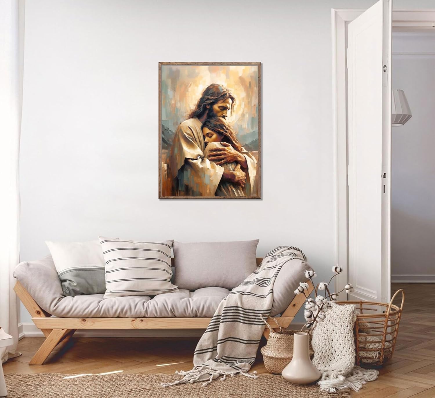 Jesus Embracing Woman Wall Art Safe Haven Poster Jesus Canvas Prints Christian Spiritual Painting Bible Art Pictures Jesus and Girl Wall Decor for Bedroom Living Room Dining Room Church Unframed