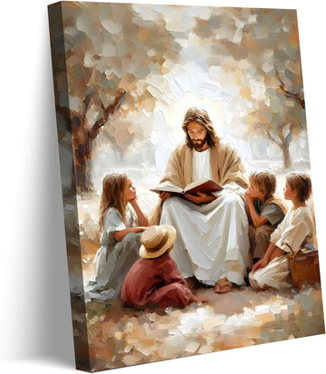 Jesus with Children Canvas Wall Art Christian Kids Room Wall Decor Picture Jesus Teaching Children Watercolor Poster Print for Kids Room Bedroom Church Decorations Ready to Hang