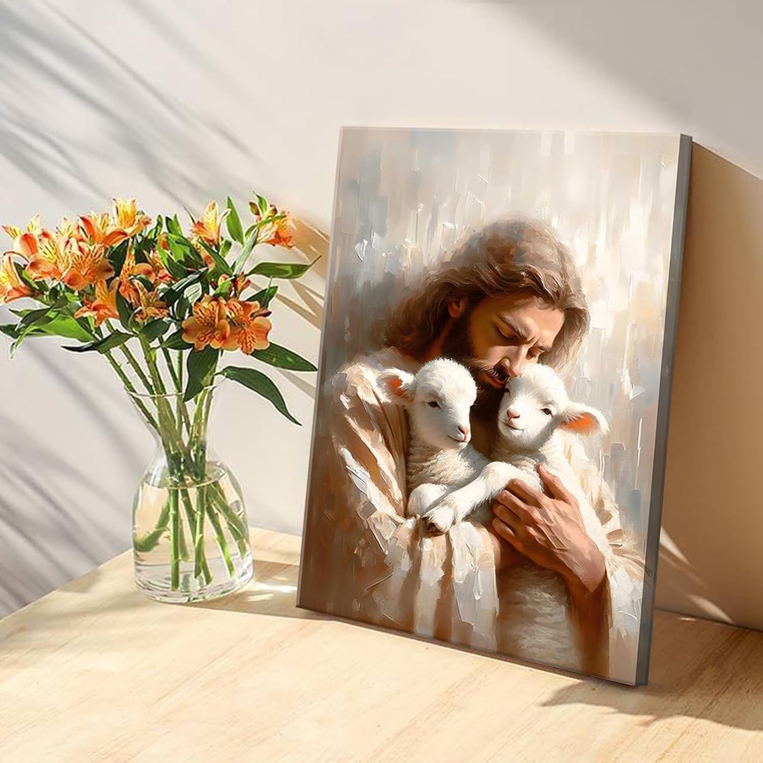 Jesus and Lambs Canvas Wall Art Jesus Christ the Good Shepherd Wall Decor Picture Jesus Rescues Little Lambs Religious Poster Print for Living Room Bedroom Home Decoration,12X16In