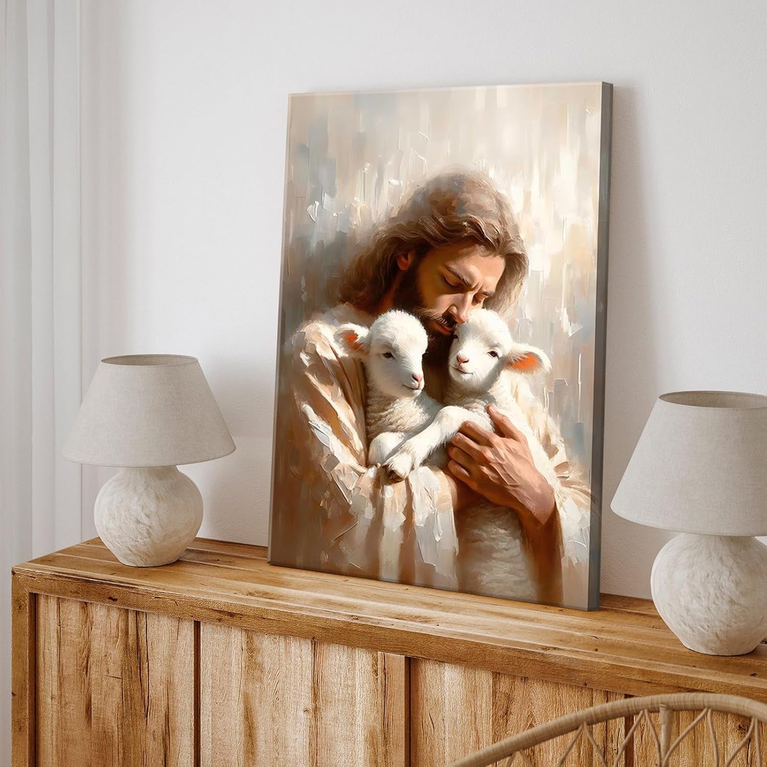 Jesus and Lambs Canvas Wall Art Jesus Christ the Good Shepherd Wall Decor Picture Jesus Rescues Little Lambs Religious Poster Print for Living Room Bedroom Home Decoration,12X16In