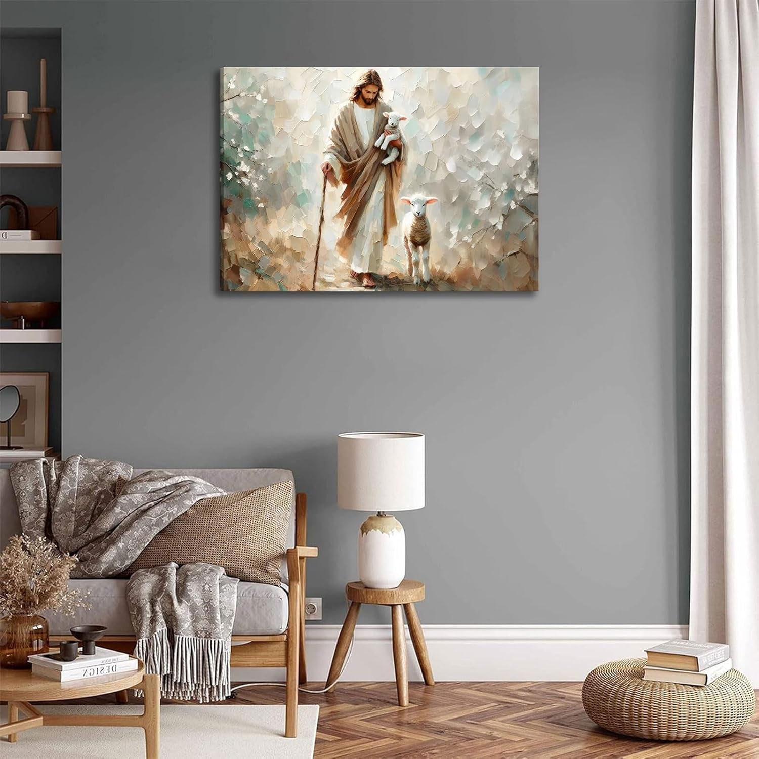 Jesus Lamb Canvas Wall Art Jesus Christ the Good Shepherd Wall Decor Picture Jesus Finds the Lost Lamb Poster Print for Living Room Bedroom Church Home Decoration Ready to Hang