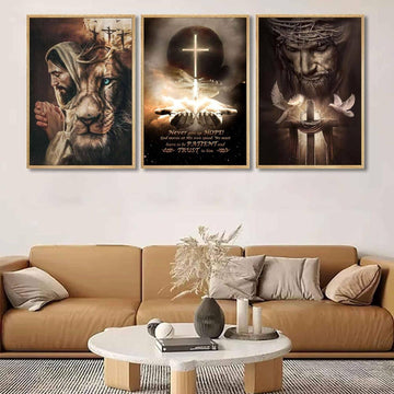 3Pcs Jesus Wall Art Jesus Lion Posters Pictures Christian Paintings Cross Bible Art Canvas Prints Cross and Peace Dove Decor Redemption and God Series for Room Religious Churches Wall Decor Unframed