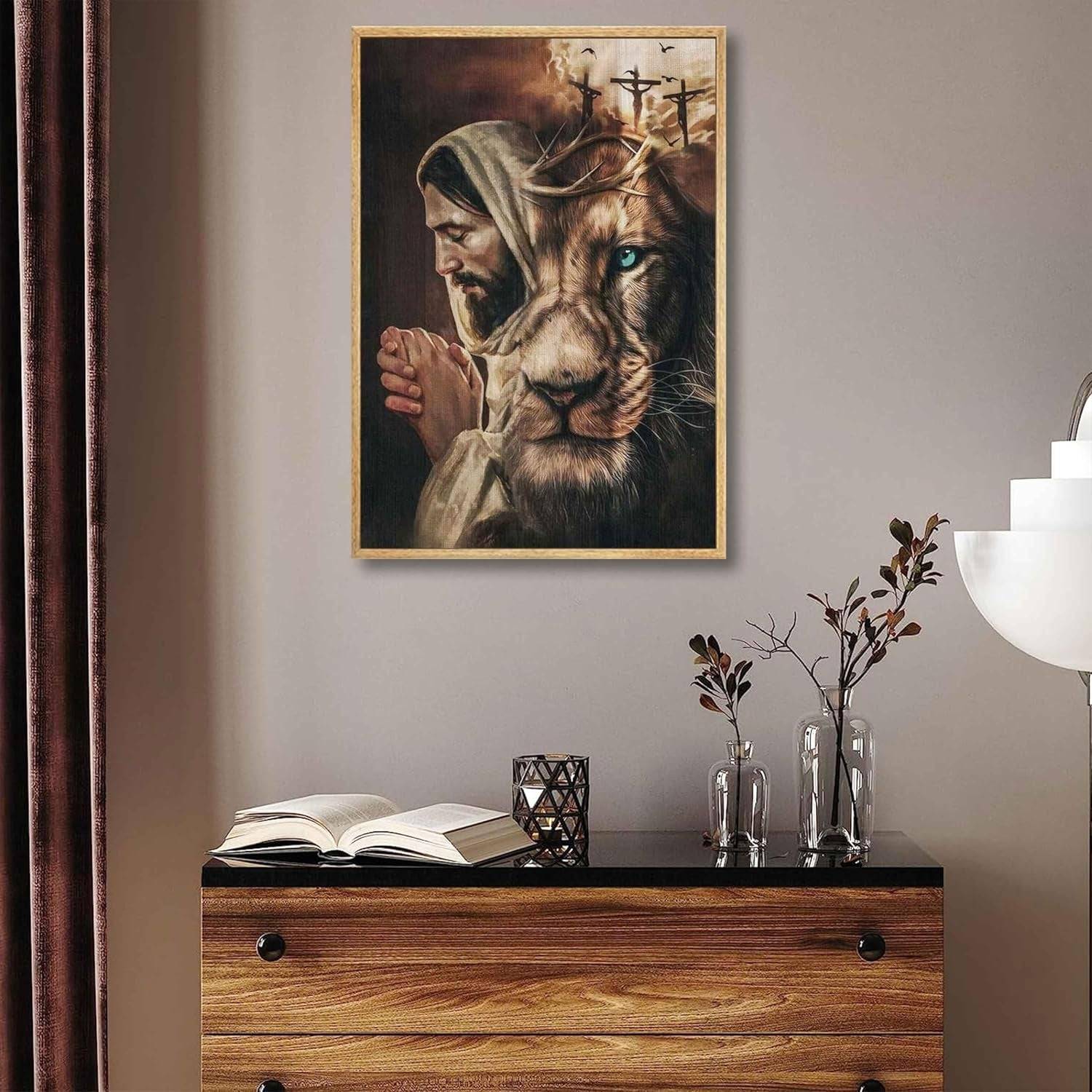 3Pcs Jesus Wall Art Jesus Lion Posters Pictures Christian Paintings Cross Bible Art Canvas Prints Cross and Peace Dove Decor Redemption and God Series for Room Religious Churches Wall Decor Unframed