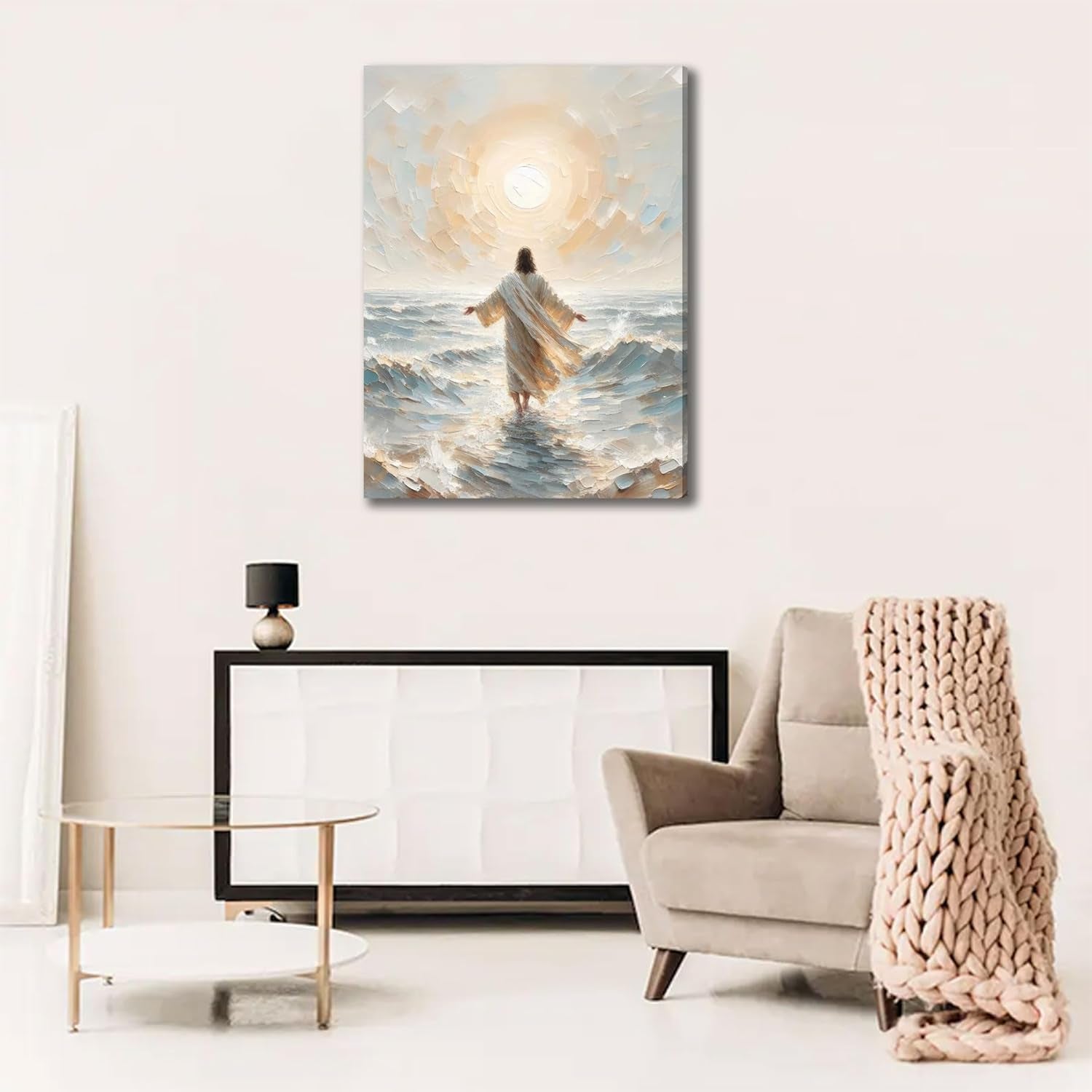 Jesus Walks on Water Canvas Wall Art Christian Bible Stories Wall Decor Picture Jesus Walking on Water Back Poster Print for Living Room Bedroom Church Ready to Hang