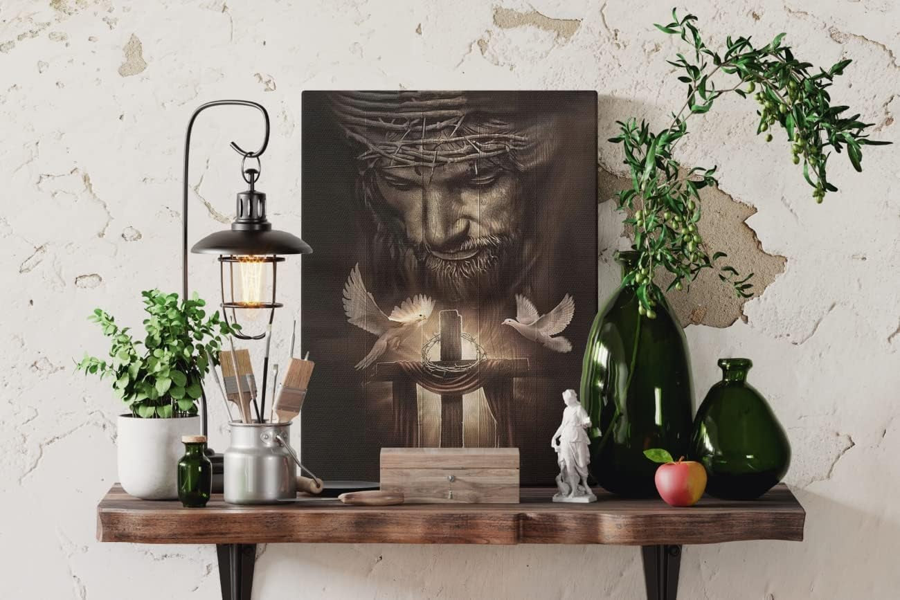 Christian Jesus Lion Canvas Wall Art Jesus and the Cross and the Dove of Peace Wall Decor Jesus Artwork Christian Wall Art Picture of God Posters for Room Churches Ready to Hang 12X16 Inch