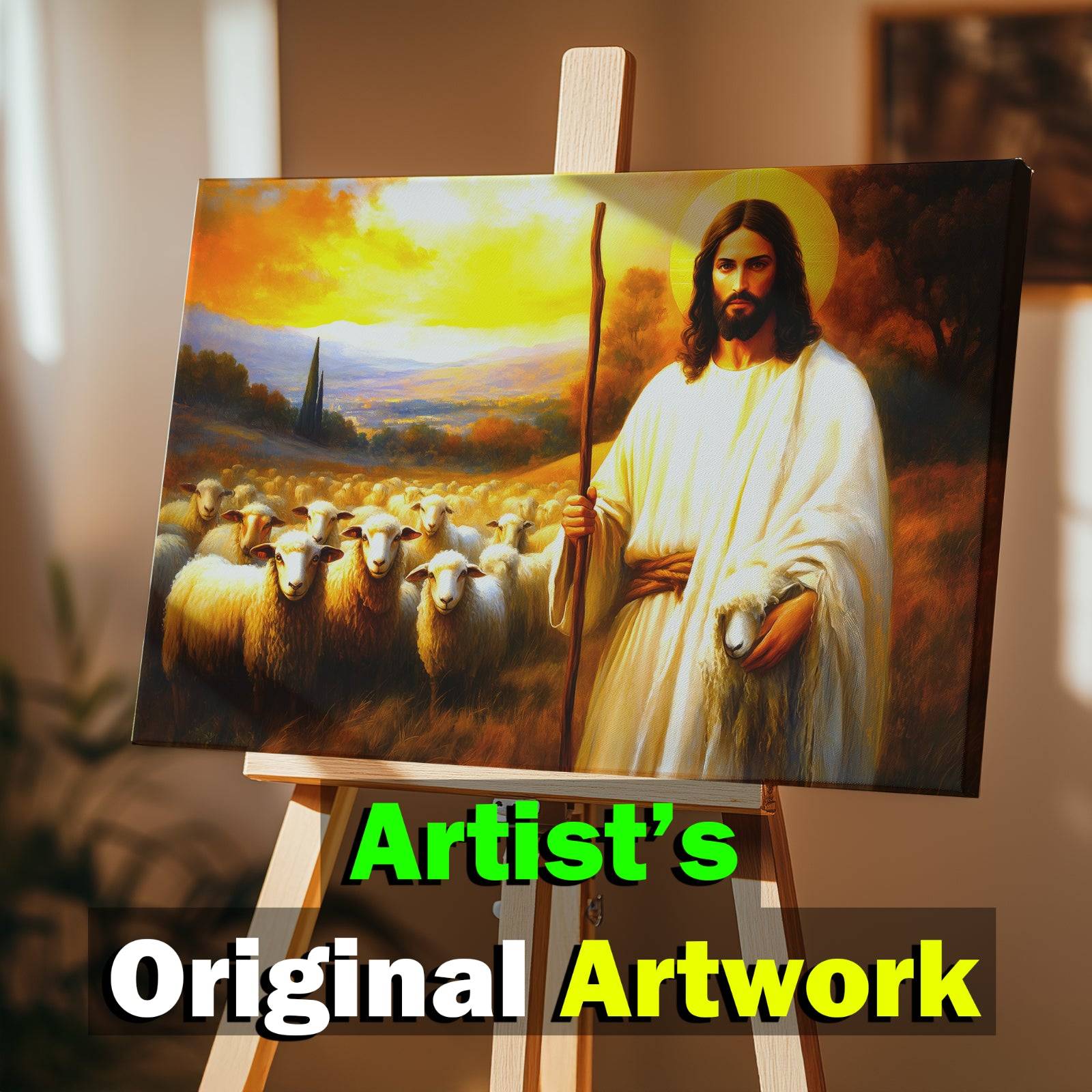 Original Artwork Jesus Shepherd Oil Painting Print on Framed Canvas Wall Art