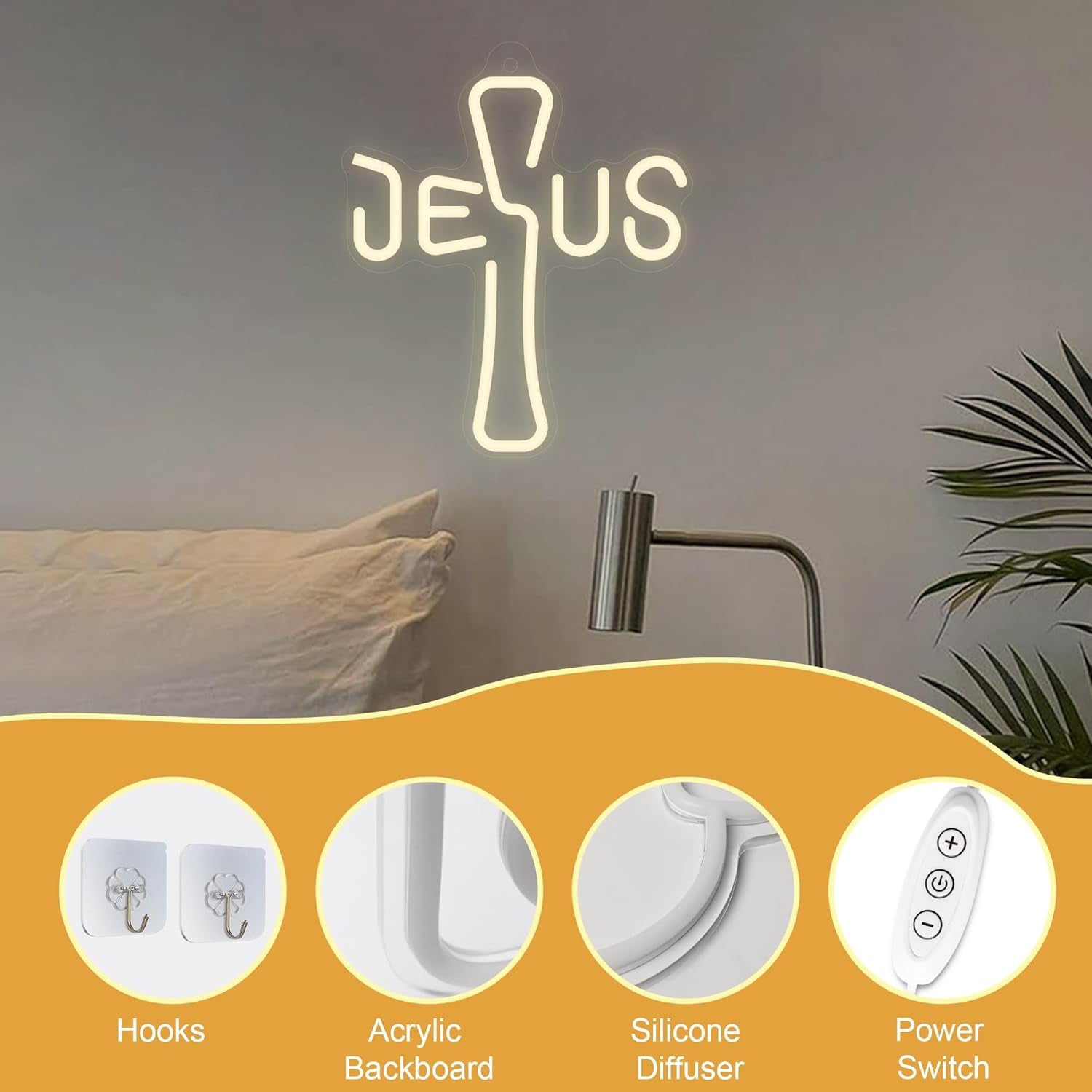 Jesus Cross Neon Sign - Unique Design, Dimmable LED Night Light USB Powered for Home Decor