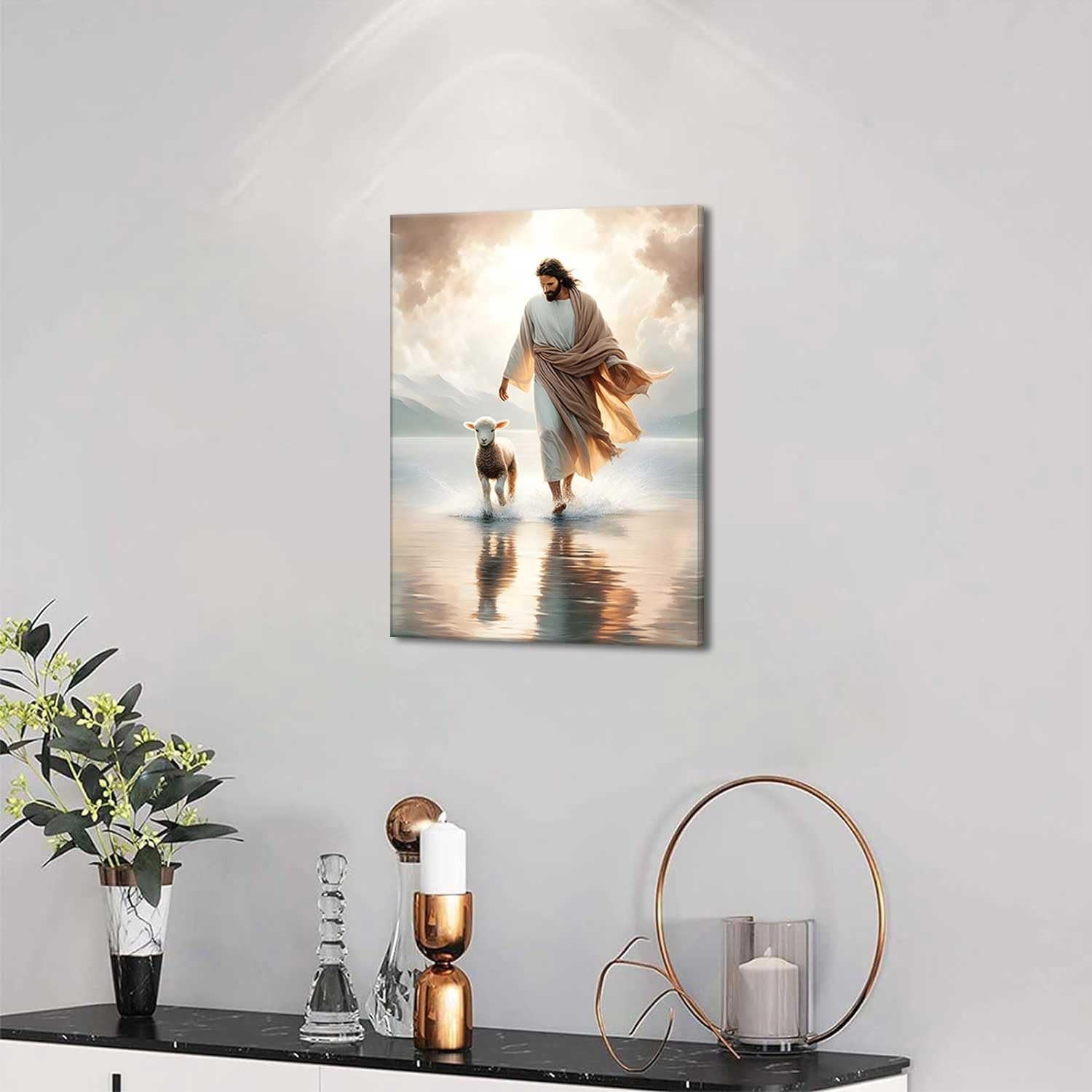 Jesus Walks on Water Canvas Wall Art Christ Saves the Lost Lamb Painting Wall Decor Christian Poster Print Follow Me Artwork Picture Decoration for Living Room Bedroom Church Ready to Hang