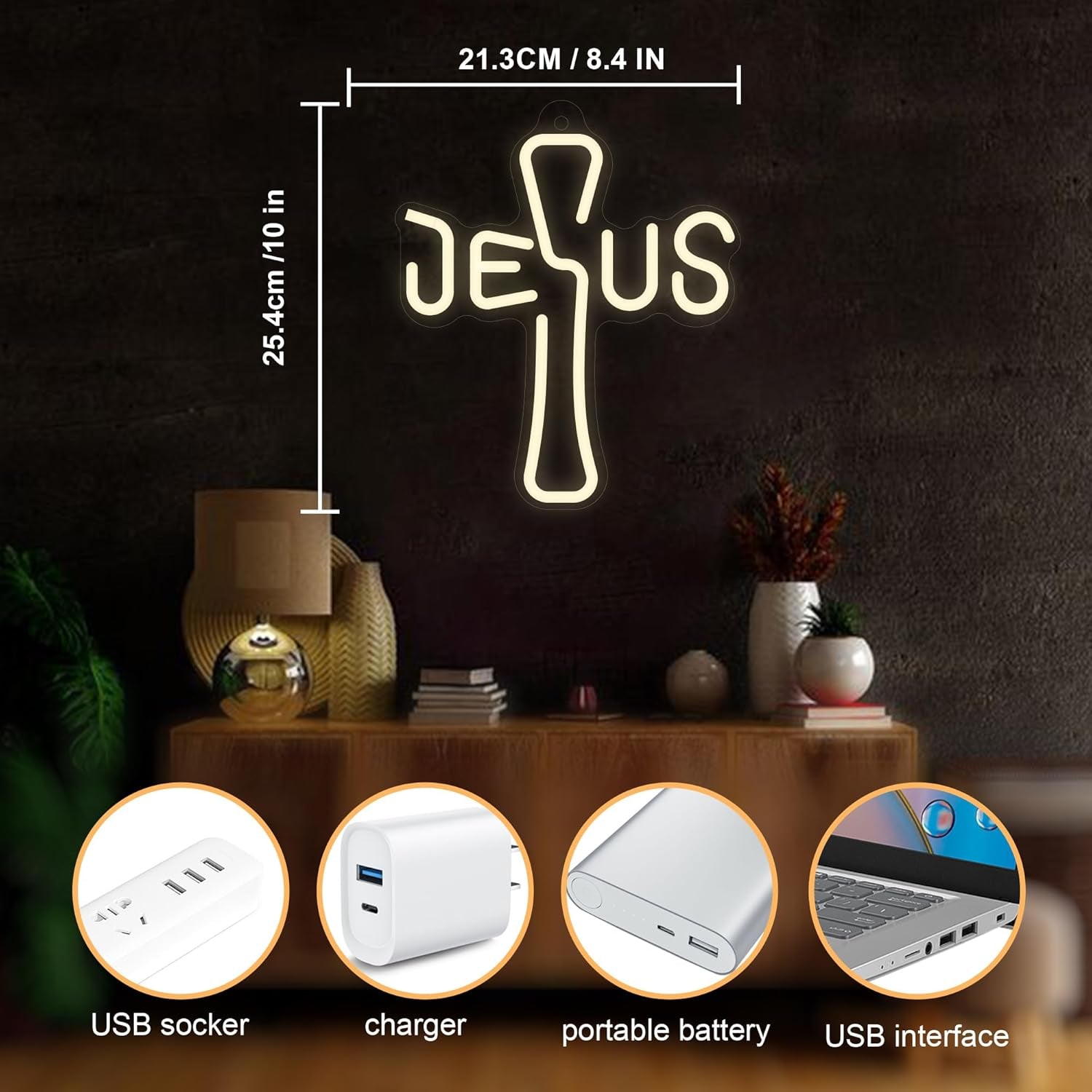 Jesus Cross Neon Sign - Unique Design, Dimmable LED Night Light USB Powered for Home Decor