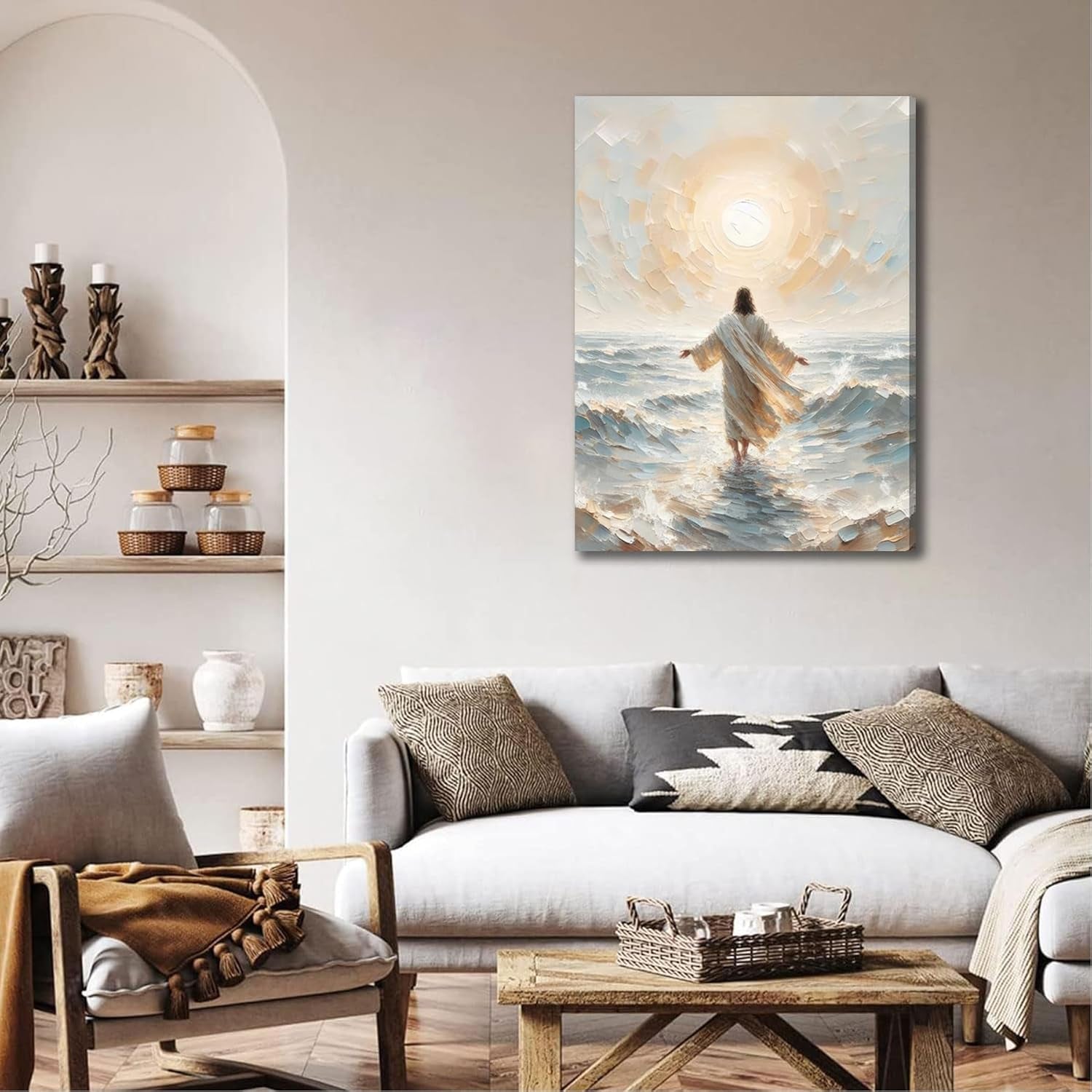 Jesus Walks on Water Canvas Wall Art Christian Bible Stories Wall Decor Picture Jesus Walking on Water Back Poster Print for Living Room Bedroom Church Ready to Hang