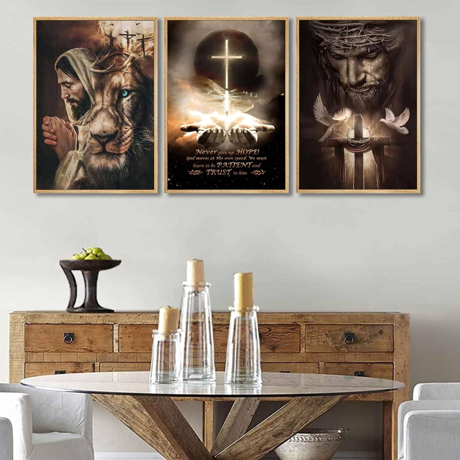 3Pcs Jesus Wall Art Jesus Lion Posters Pictures Christian Paintings Cross Bible Art Canvas Prints Cross and Peace Dove Decor Redemption and God Series for Room Religious Churches Wall Decor Unframed