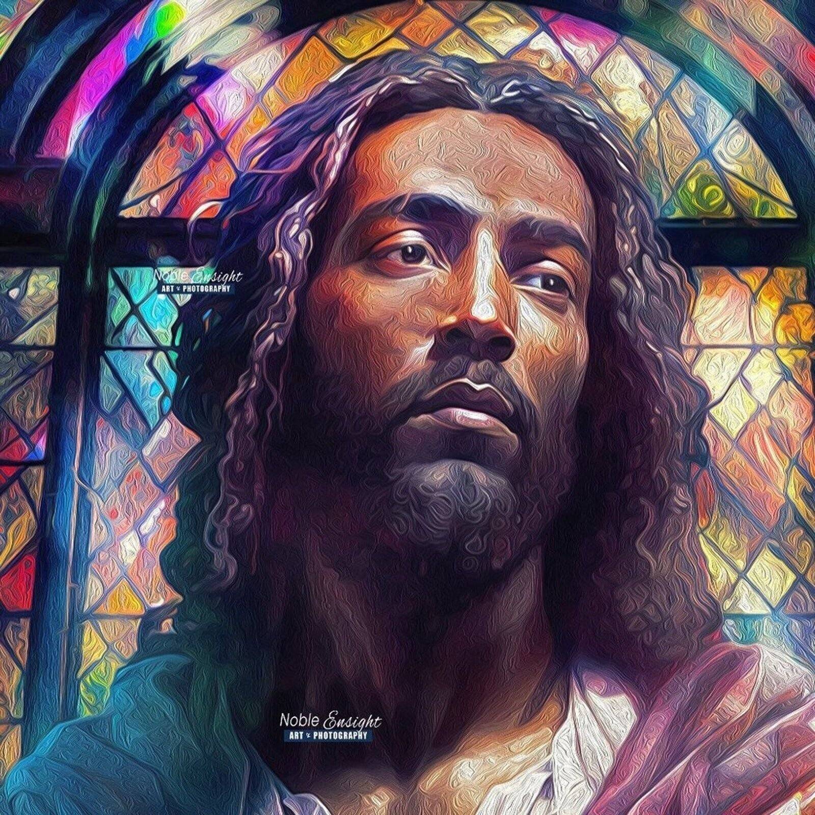 8X8 Black Jesus Stained Glass Wall Art Watercolor Oil Painting Print