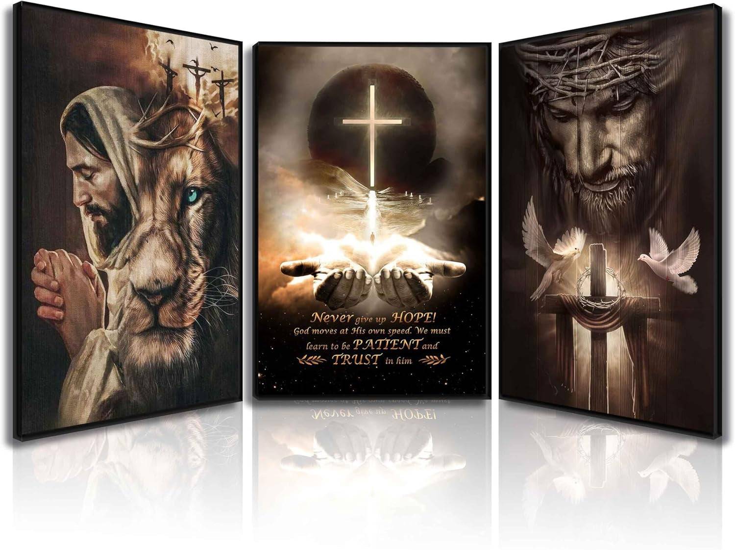 3Pcs Jesus Wall Art Jesus Lion Posters Pictures Christian Paintings Cross Bible Art Canvas Prints Cross and Peace Dove Decor Redemption and God Series for Room Religious Churches Wall Decor Unframed