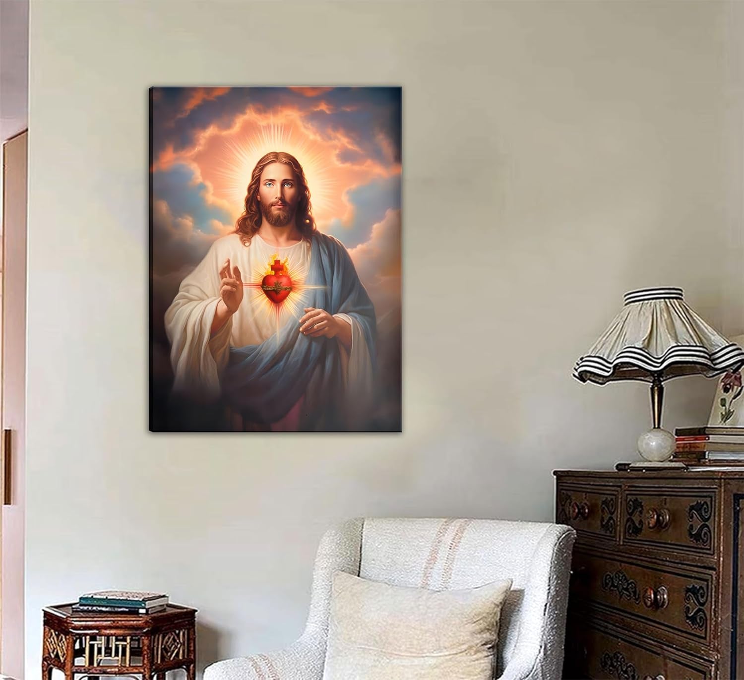 Sacred Heart of Jesus Wall Art Picture Divine Mercy Picture Canvas Wall Decor Christian Religious Christ Jesus Portrait Poster Prints Artwork for Living Room Bedroom Room Office Home Decoration