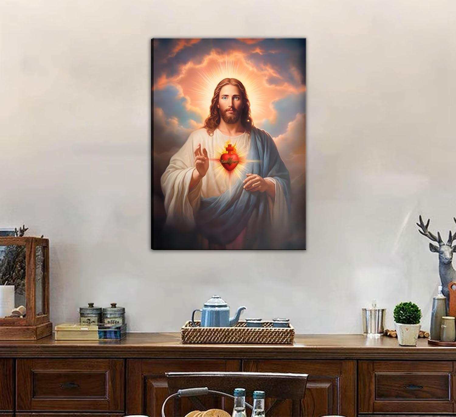 Sacred Heart of Jesus Wall Art Picture Divine Mercy Picture Canvas Wall Decor Christian Religious Christ Jesus Portrait Poster Prints Artwork for Living Room Bedroom Room Office Home Decoration