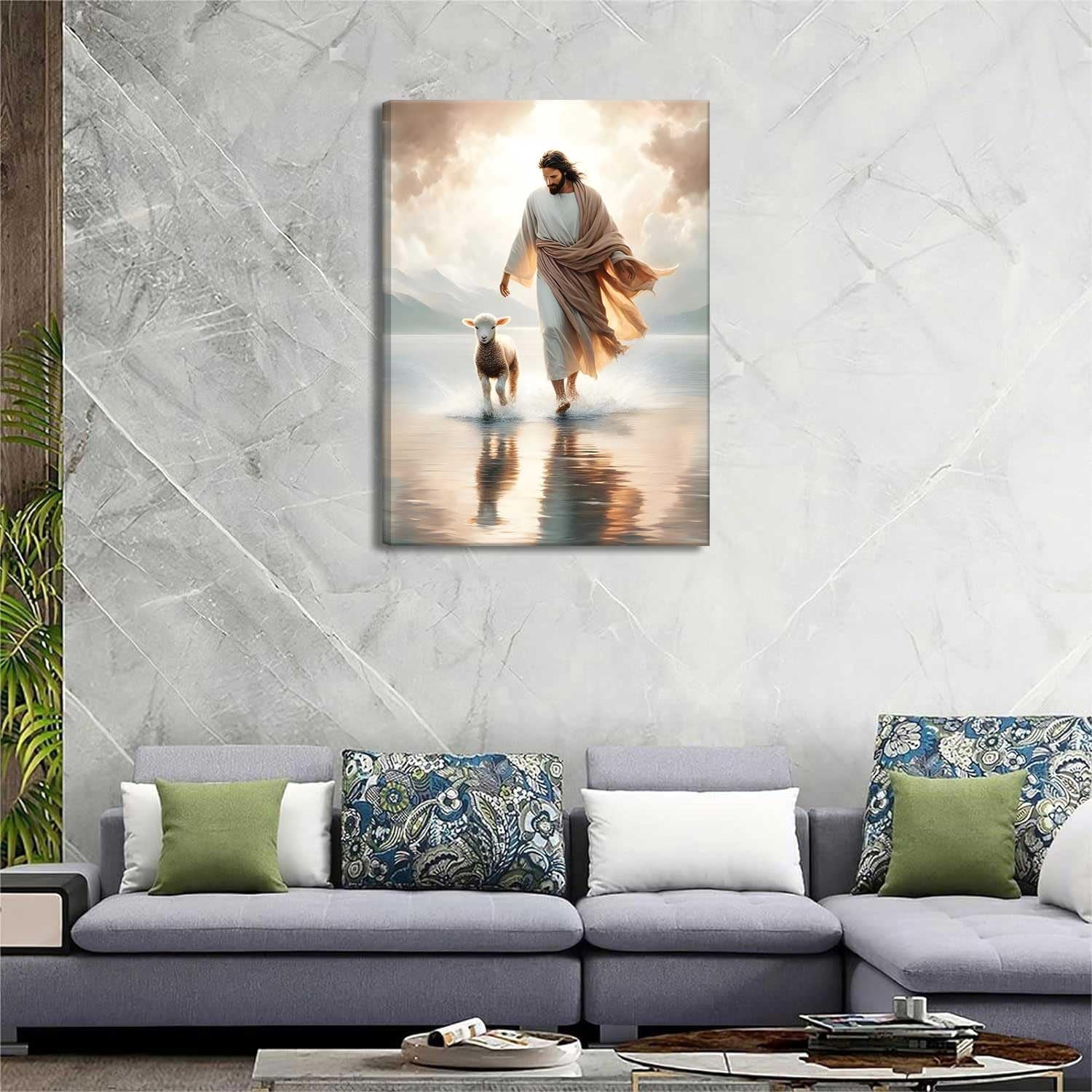 Jesus Walks on Water Canvas Wall Art Christ Saves the Lost Lamb Painting Wall Decor Christian Poster Print Follow Me Artwork Picture Decoration for Living Room Bedroom Church Ready to Hang