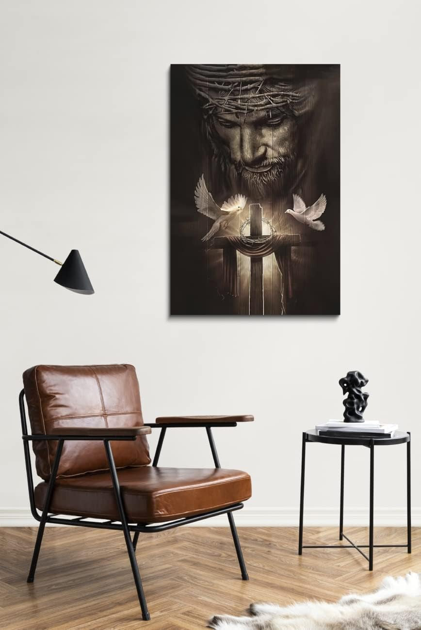 Christian Jesus Lion Canvas Wall Art Jesus and the Cross and the Dove of Peace Wall Decor Jesus Artwork Christian Wall Art Picture of God Posters for Room Churches Ready to Hang 12X16 Inch