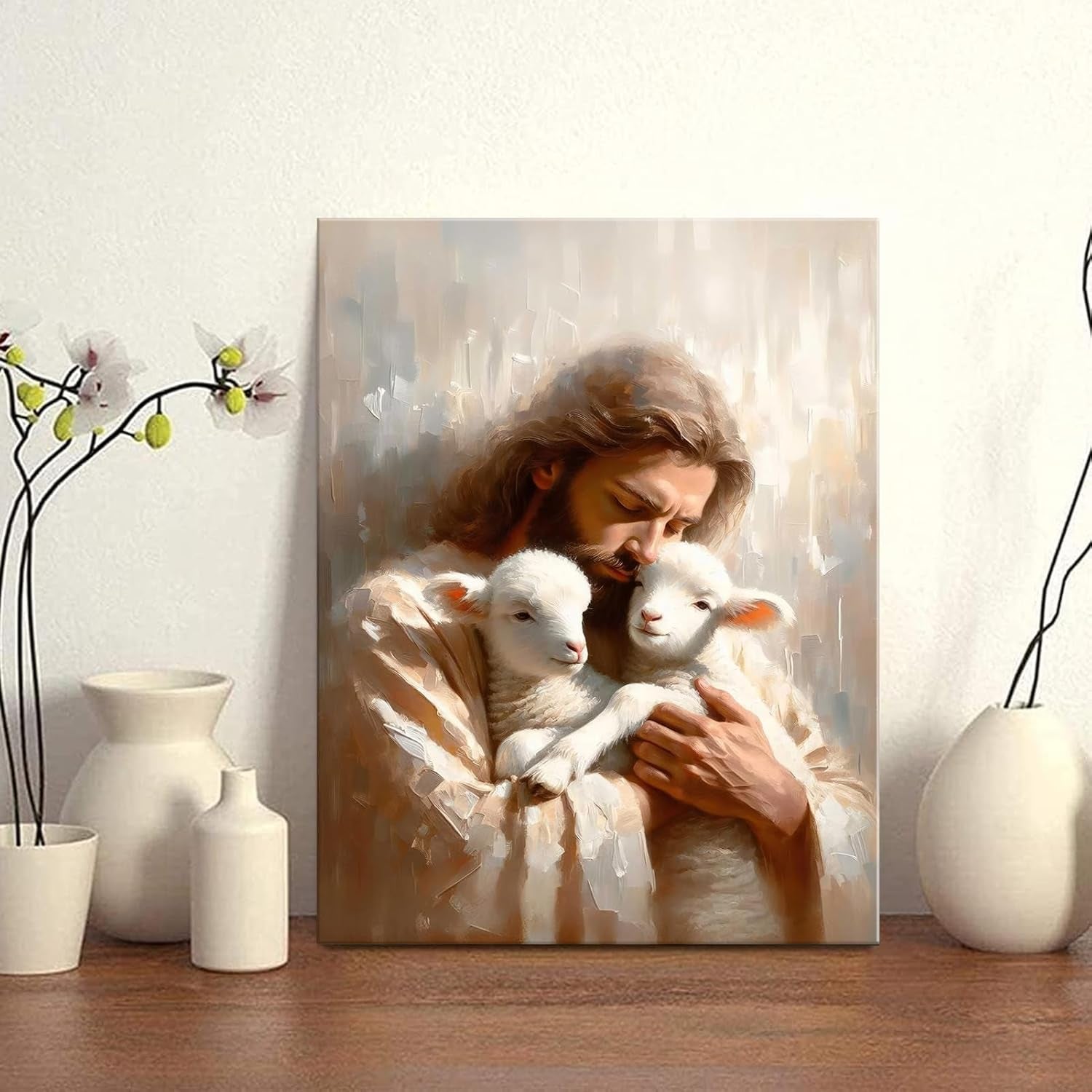 Jesus and Lambs Canvas Wall Art Jesus Christ the Good Shepherd Wall Decor Picture Jesus Rescues Little Lambs Religious Poster Print for Living Room Bedroom Home Decoration,12X16In