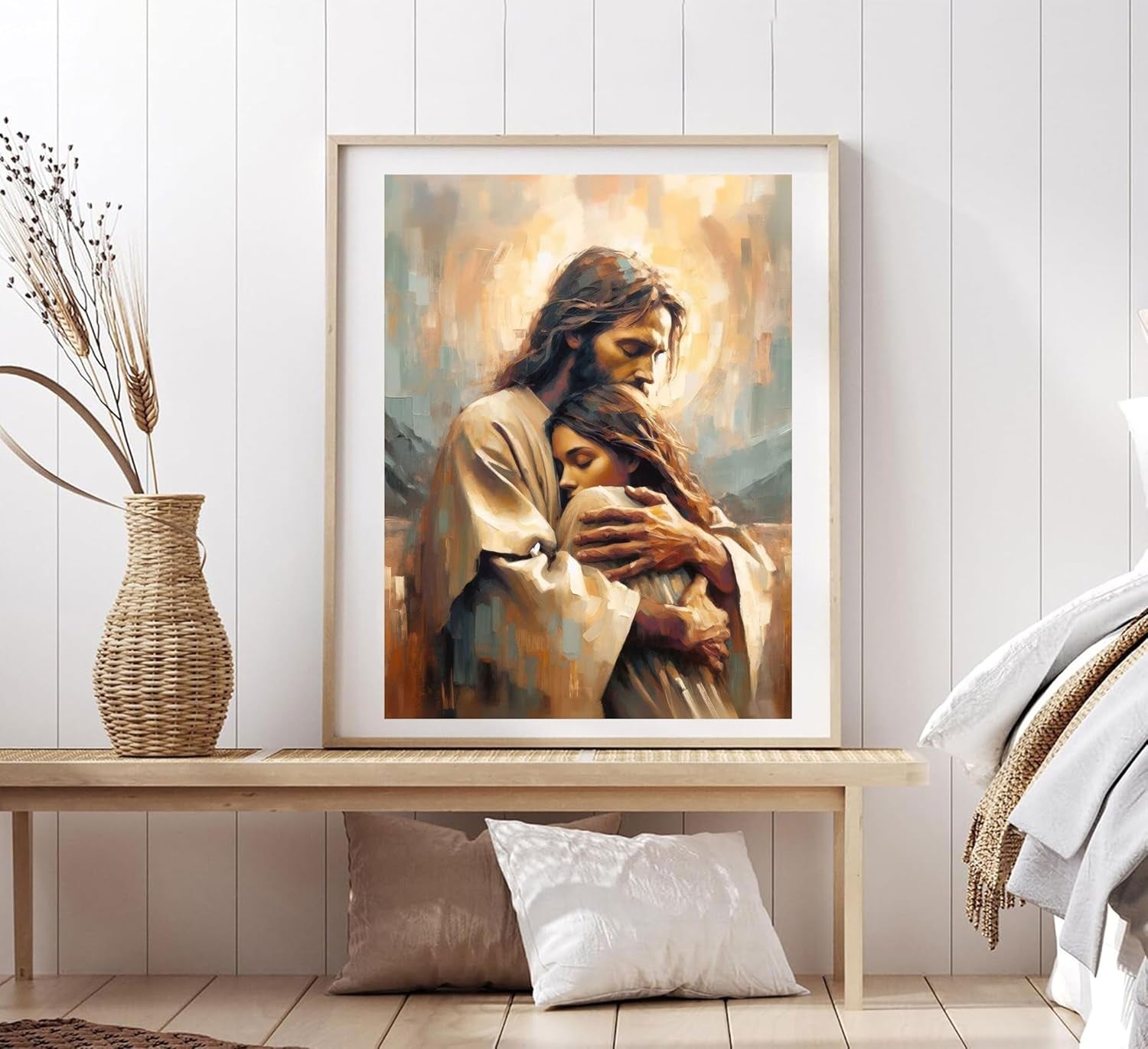 Jesus Embracing Woman Wall Art Safe Haven Poster Jesus Canvas Prints Christian Spiritual Painting Bible Art Pictures Jesus and Girl Wall Decor for Bedroom Living Room Dining Room Church Unframed