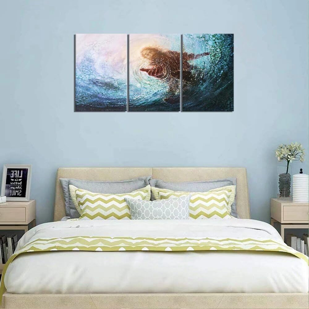 Hand of Jesus under Water Teal Blue Print on Canvas 3 Panel Christian Home Decor for Bedroom Living Room Sea Pictures Wooden Framed Ready to Hang(20" W X 28" H X 3 Panels)