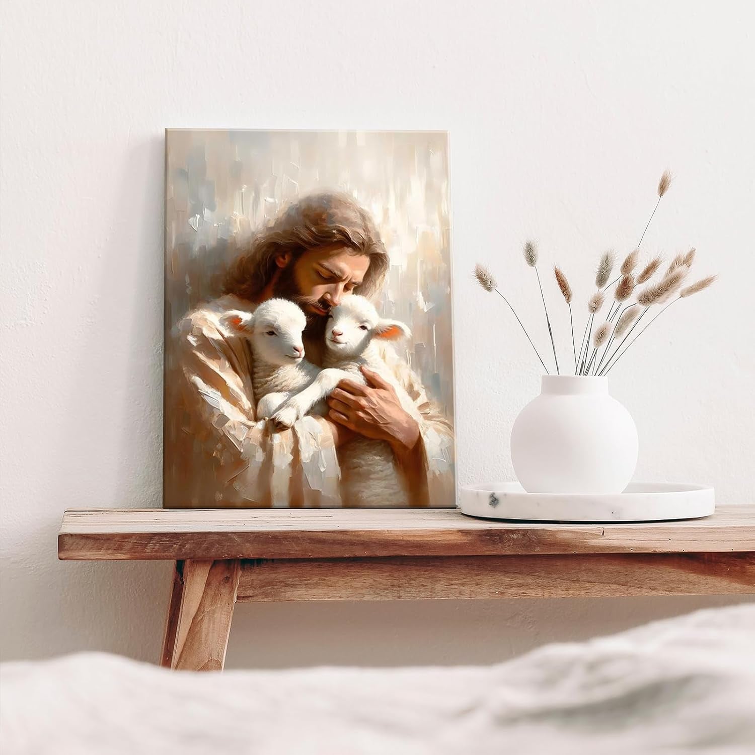 Jesus and Lambs Canvas Wall Art Jesus Christ the Good Shepherd Wall Decor Picture Jesus Rescues Little Lambs Religious Poster Print for Living Room Bedroom Home Decoration,12X16In