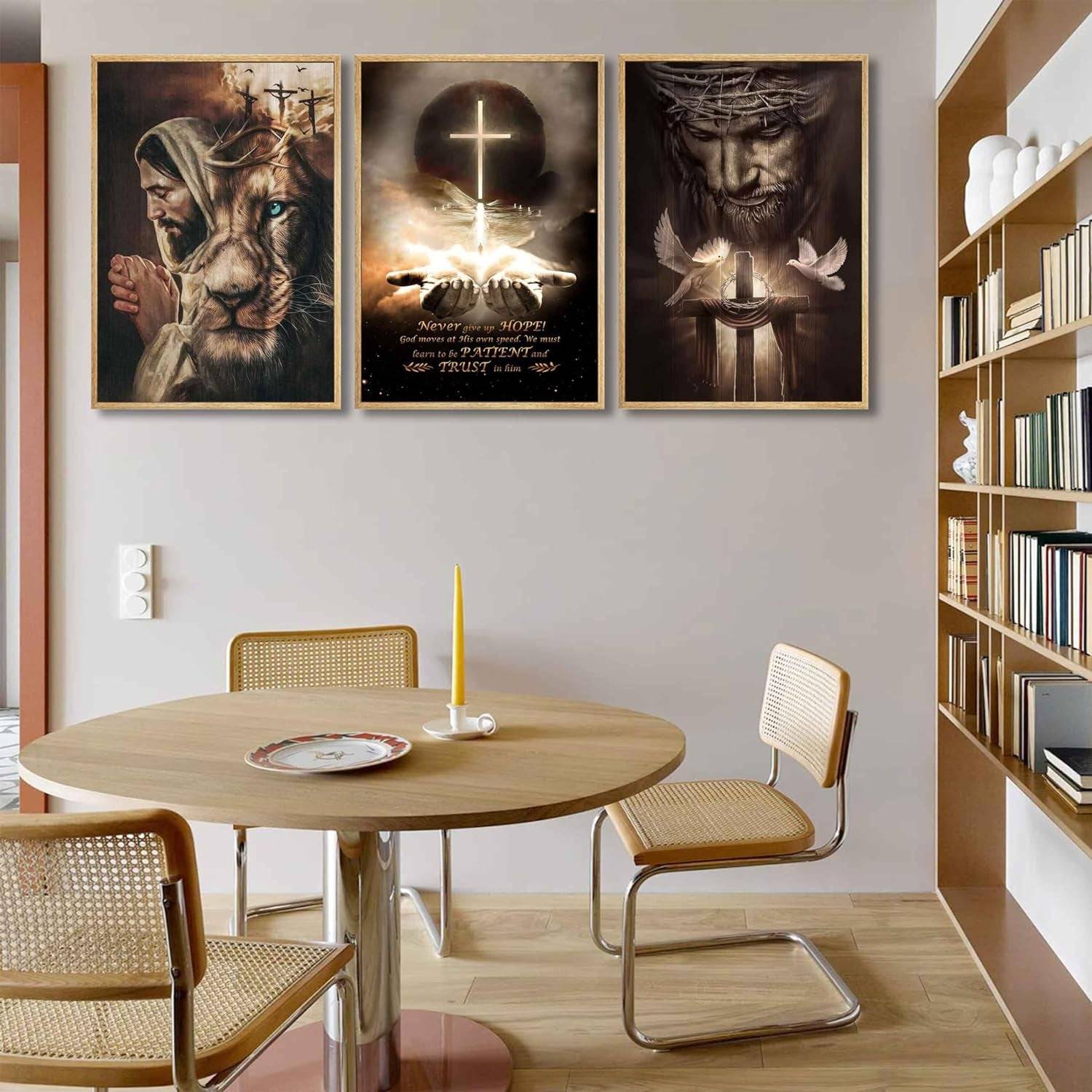 3Pcs Jesus Wall Art Jesus Lion Posters Pictures Christian Paintings Cross Bible Art Canvas Prints Cross and Peace Dove Decor Redemption and God Series for Room Religious Churches Wall Decor Unframed