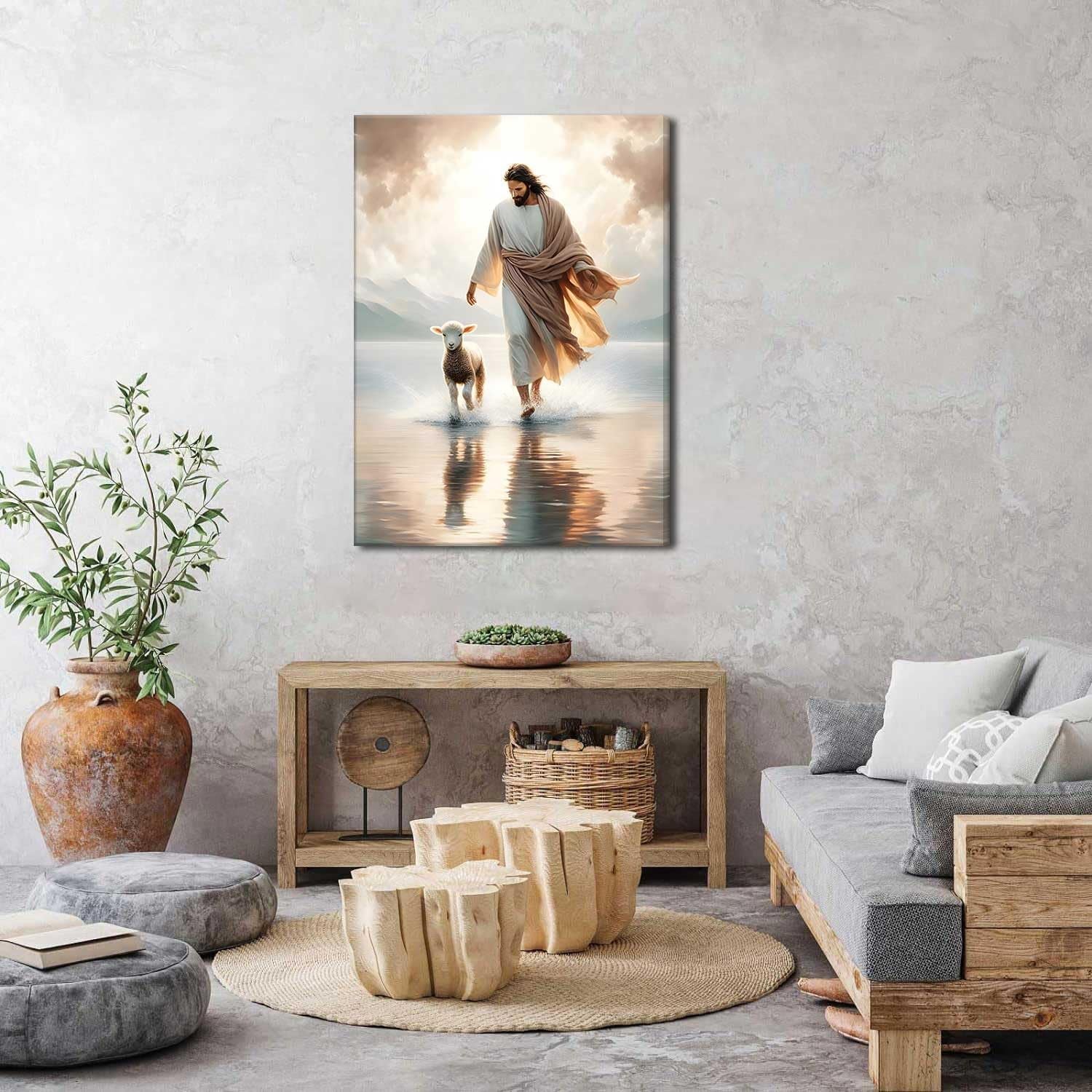 Jesus Walks on Water Canvas Wall Art Christ Saves the Lost Lamb Painting Wall Decor Christian Poster Print Follow Me Artwork Picture Decoration for Living Room Bedroom Church Ready to Hang