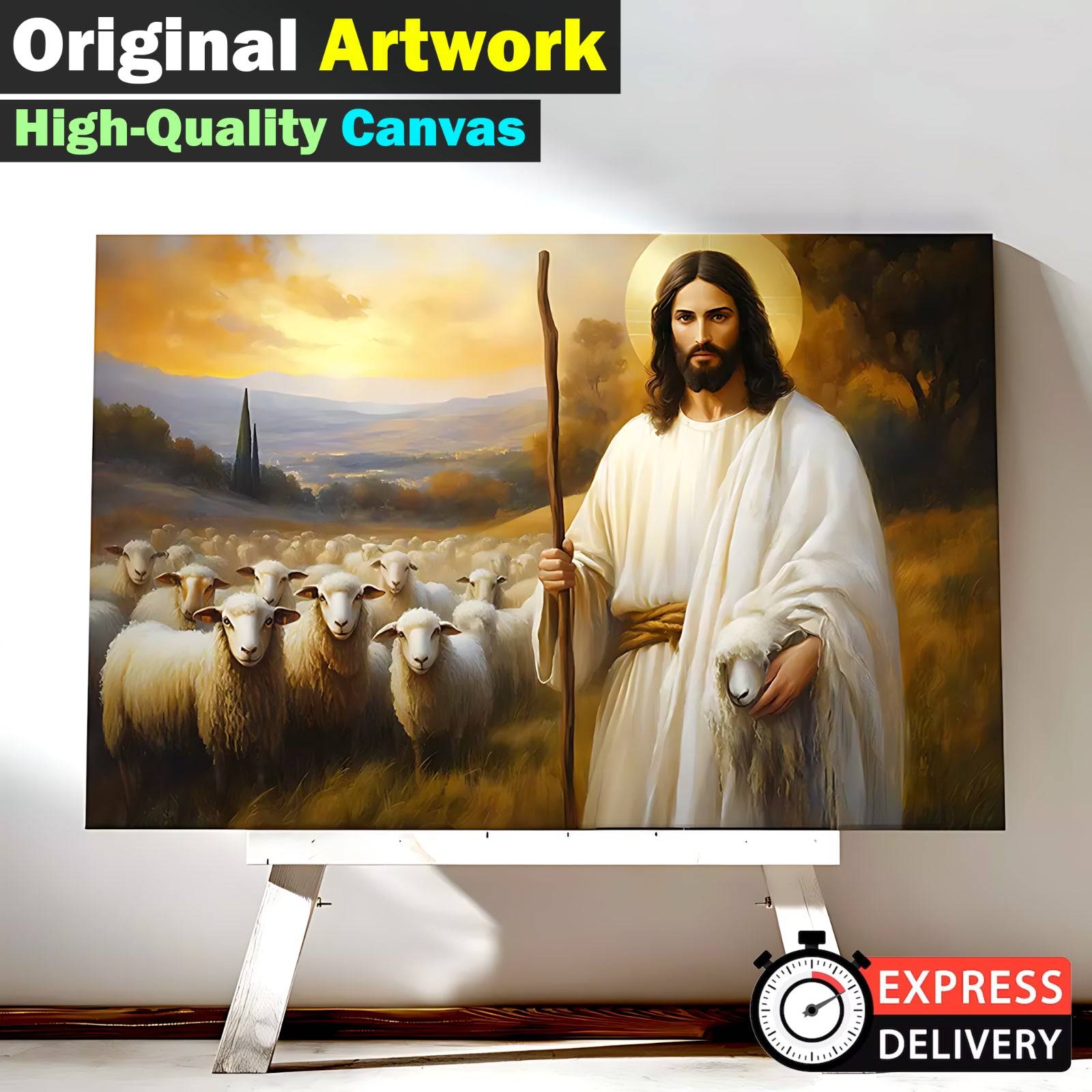 Original Artwork Jesus Shepherd Oil Painting Print on Framed Canvas Wall Art