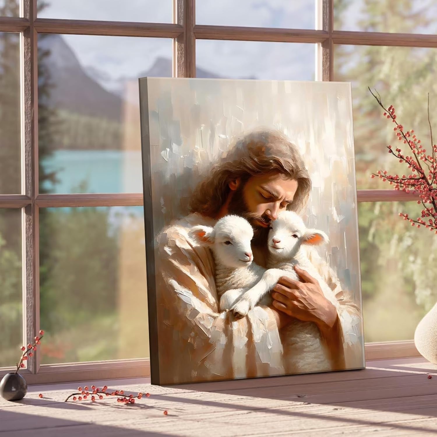 Jesus and Lambs Canvas Wall Art Jesus Christ the Good Shepherd Wall Decor Picture Jesus Rescues Little Lambs Religious Poster Print for Living Room Bedroom Home Decoration,12X16In