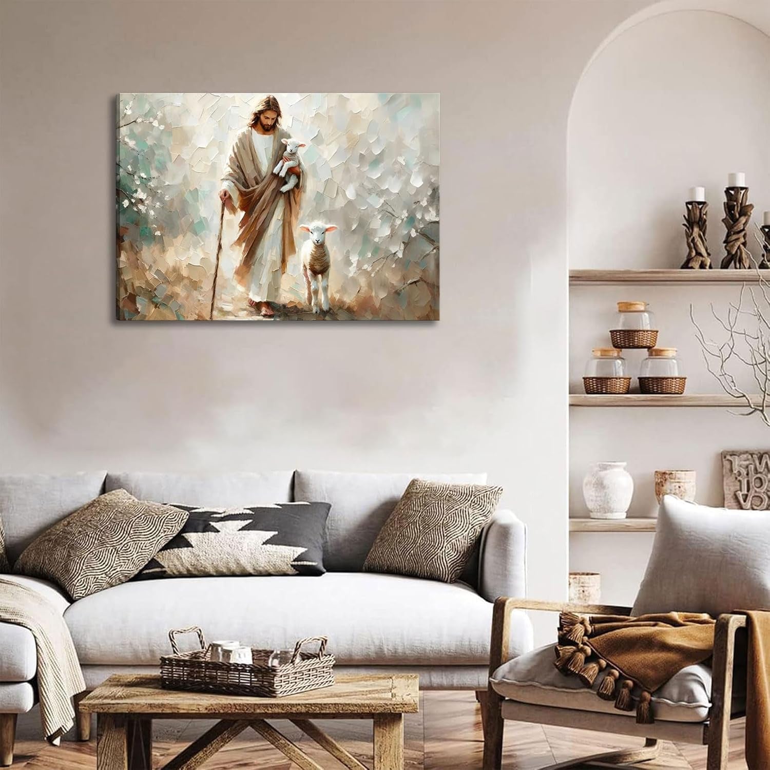 Jesus Lamb Canvas Wall Art Jesus Christ the Good Shepherd Wall Decor Picture Jesus Finds the Lost Lamb Poster Print for Living Room Bedroom Church Home Decoration Ready to Hang