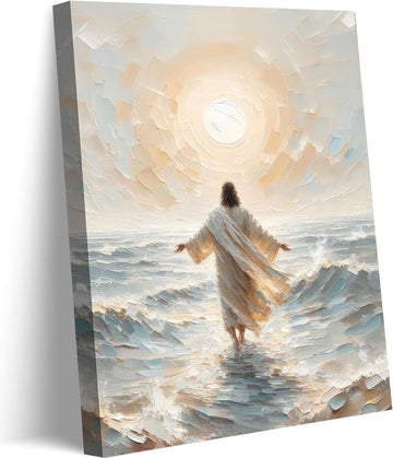 Jesus Walks on Water Canvas Wall Art Christian Bible Stories Wall Decor Picture Jesus Walking on Water Back Poster Print for Living Room Bedroom Church Ready to Hang