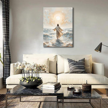 Jesus Walks on Water Canvas Wall Art Christian Bible Stories Wall Decor Picture Jesus Walking on Water Back Poster Print for Living Room Bedroom Church Ready to Hang