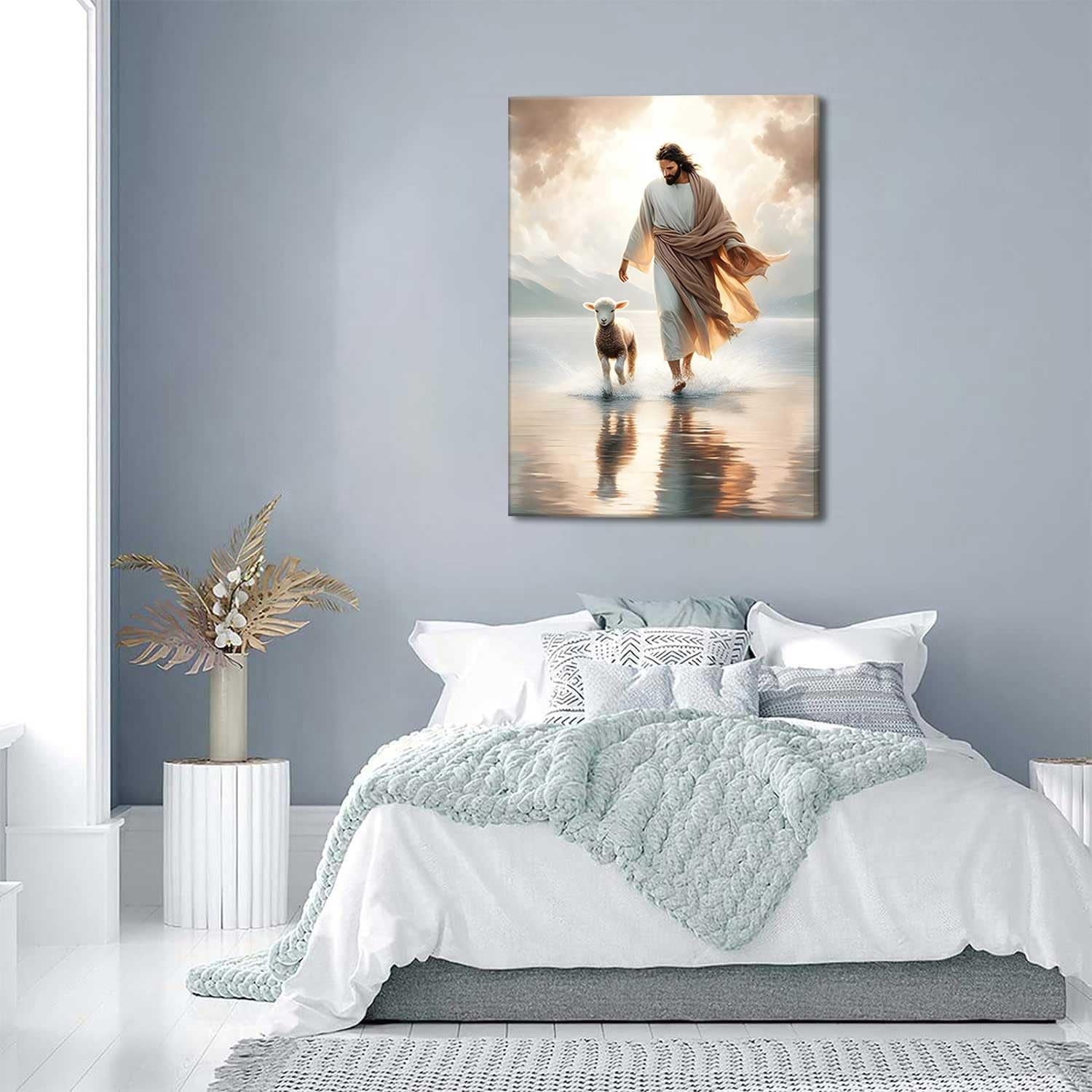 Jesus Walks on Water Canvas Wall Art Christ Saves the Lost Lamb Painting Wall Decor Christian Poster Print Follow Me Artwork Picture Decoration for Living Room Bedroom Church Ready to Hang