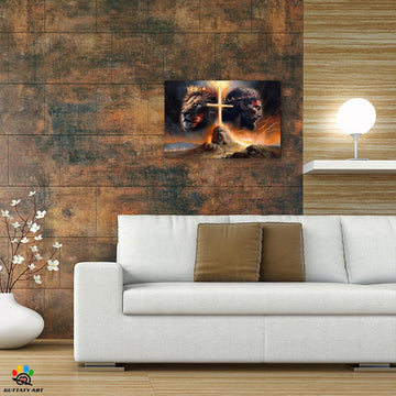 Jesus Lion Wall Art - Lion of Judah Wall Art for Christian Wall Decor, Lion and Jesus Poster Picture Wall Decor, Christian Art Jesus Painting Canvas Print for Bedroom Framed 12X18 Inches