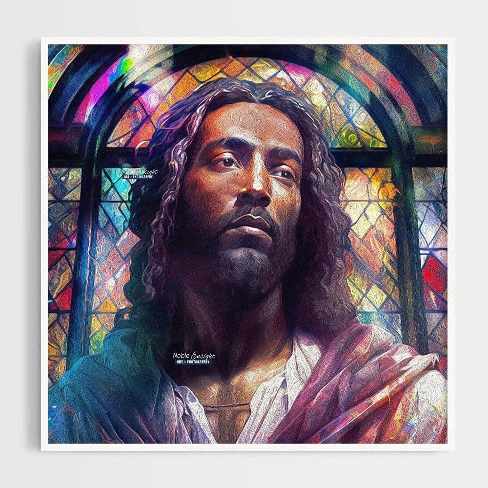 8X8 Black Jesus Stained Glass Wall Art Watercolor Oil Painting Print