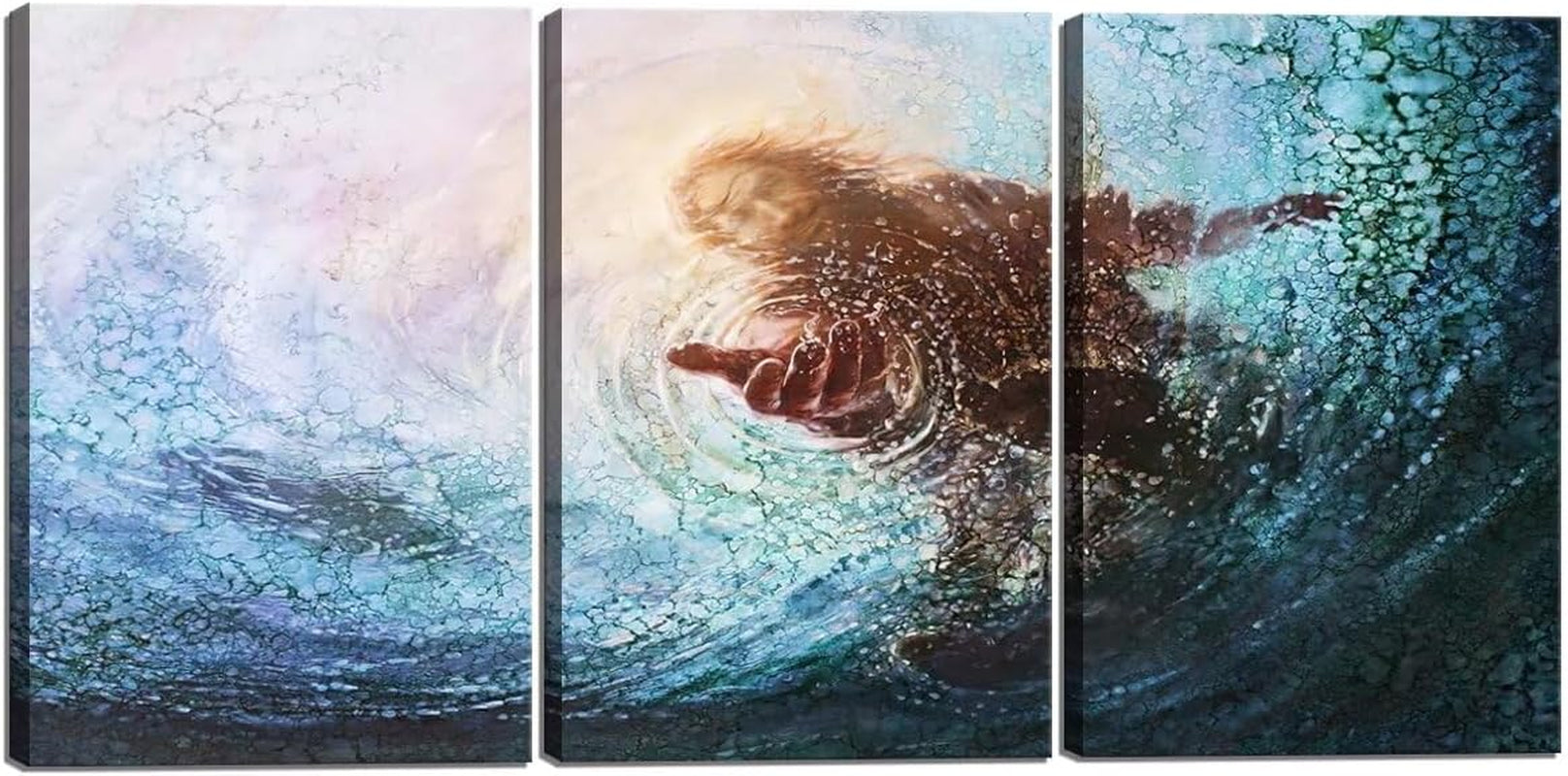 Hand of Jesus under Water Teal Blue Print on Canvas 3 Panel Christian Home Decor for Bedroom Living Room Sea Pictures Wooden Framed Ready to Hang(20" W X 28" H X 3 Panels)