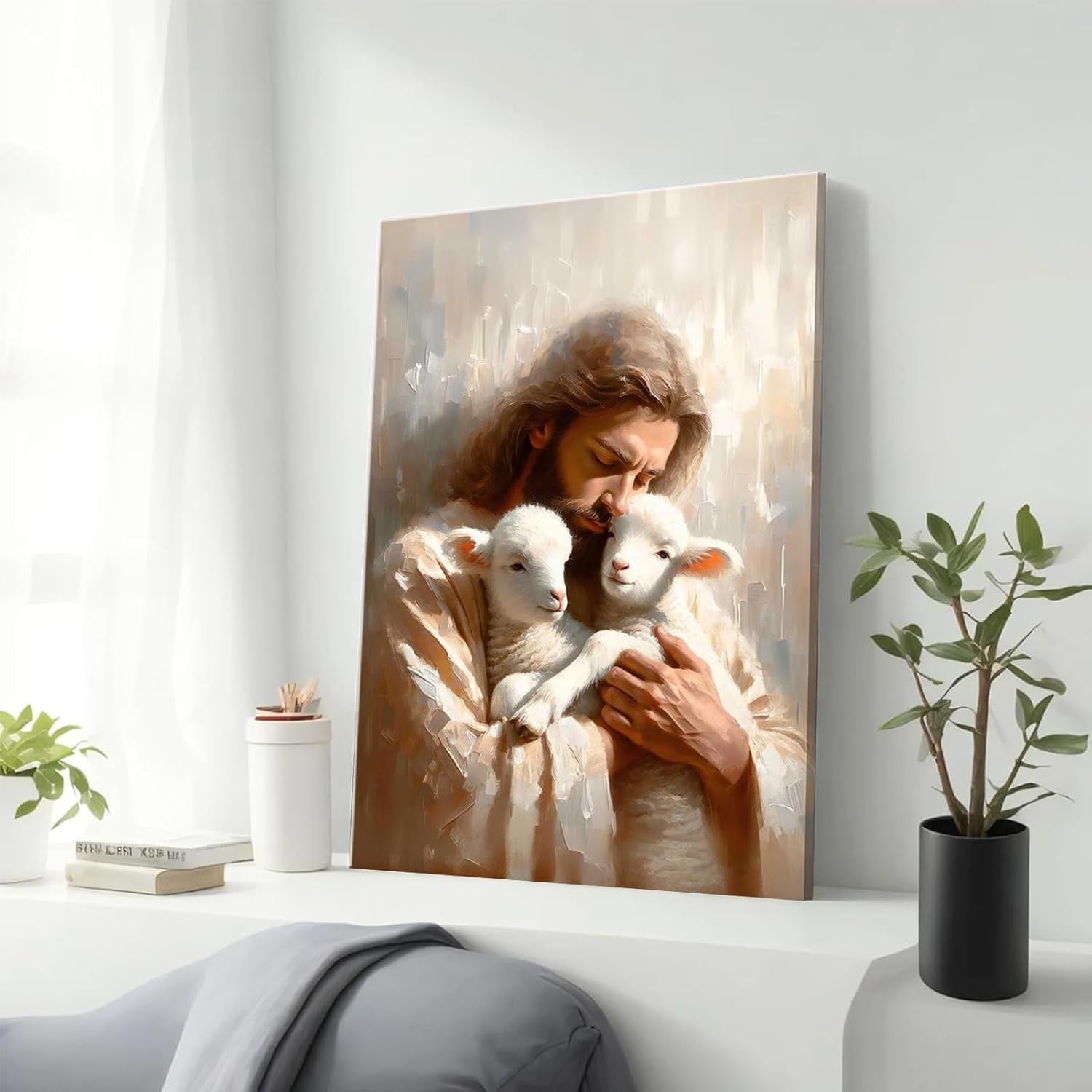 Jesus and Lambs Canvas Wall Art Jesus Christ the Good Shepherd Wall Decor Picture Jesus Rescues Little Lambs Religious Poster Print for Living Room Bedroom Home Decoration,12X16In