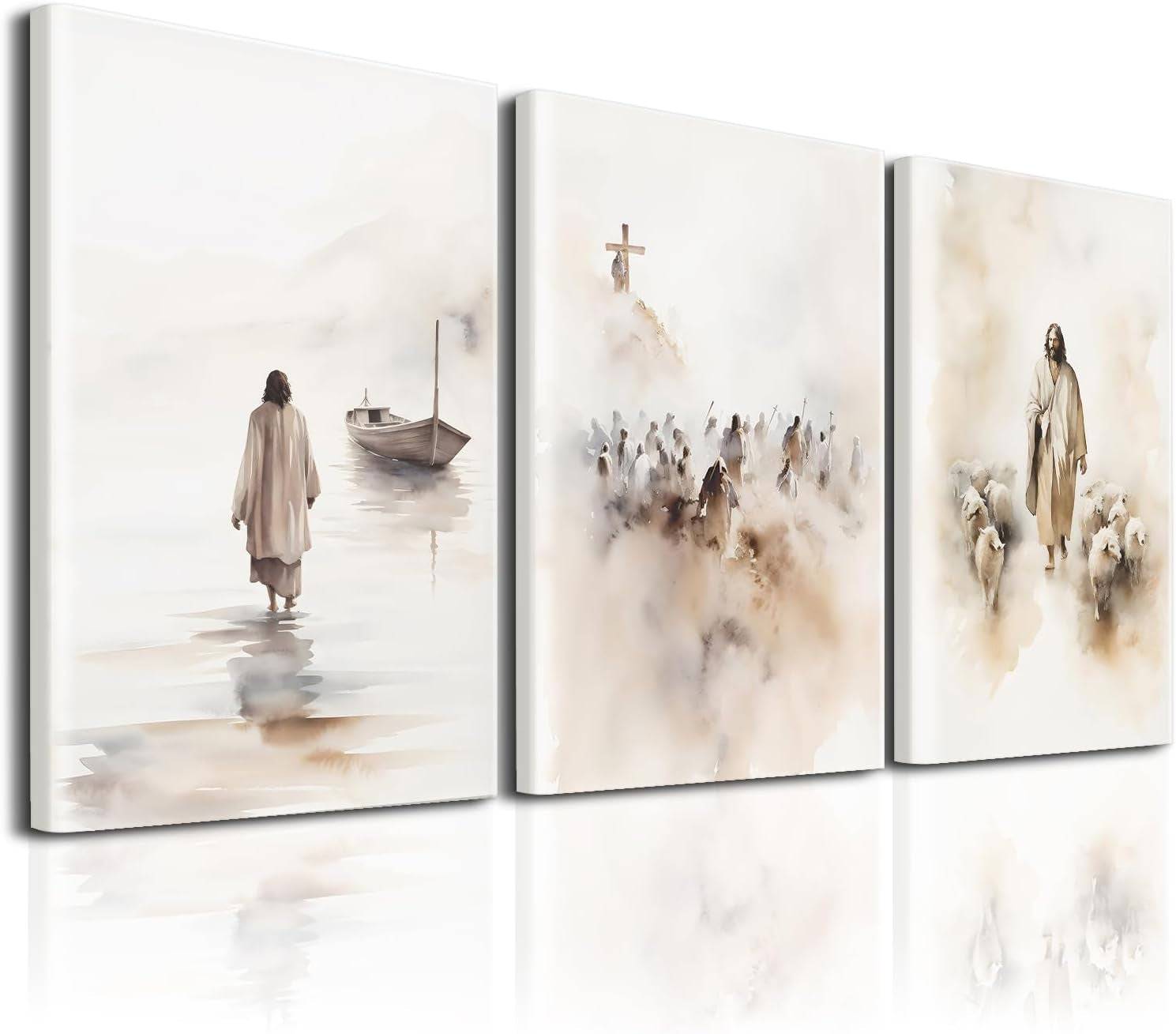 Christian Wall Art Jesus Decor - 3 Pcs Jesus Wall Art Christ Religion Canvas Wall Decor Jesus Boho Art Home Pictures Posters Prints Paintings for Living Room Bedroom Church Decorations Framed (12X16In)