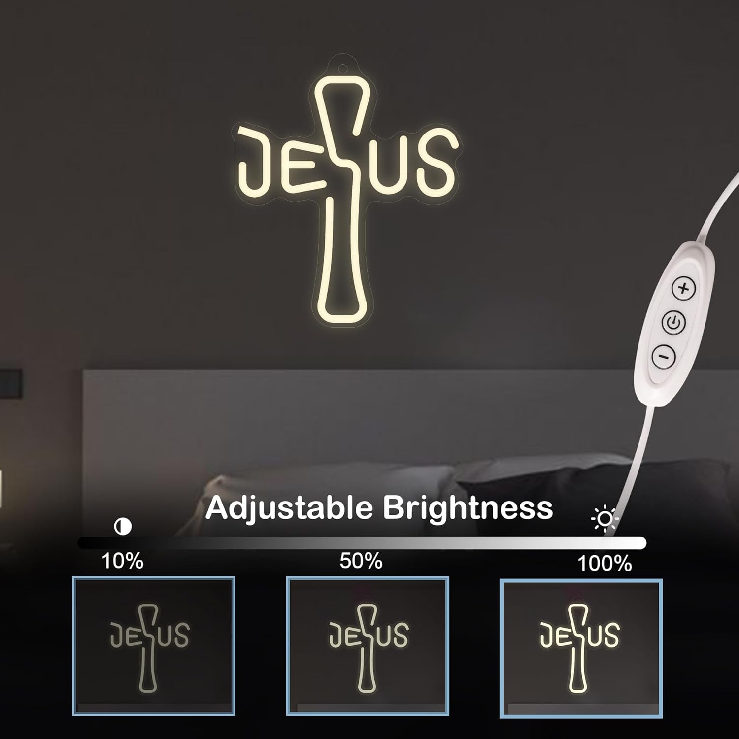 Jesus Cross Neon Sign - Unique Design, Dimmable LED Night Light USB Powered for Home Decor