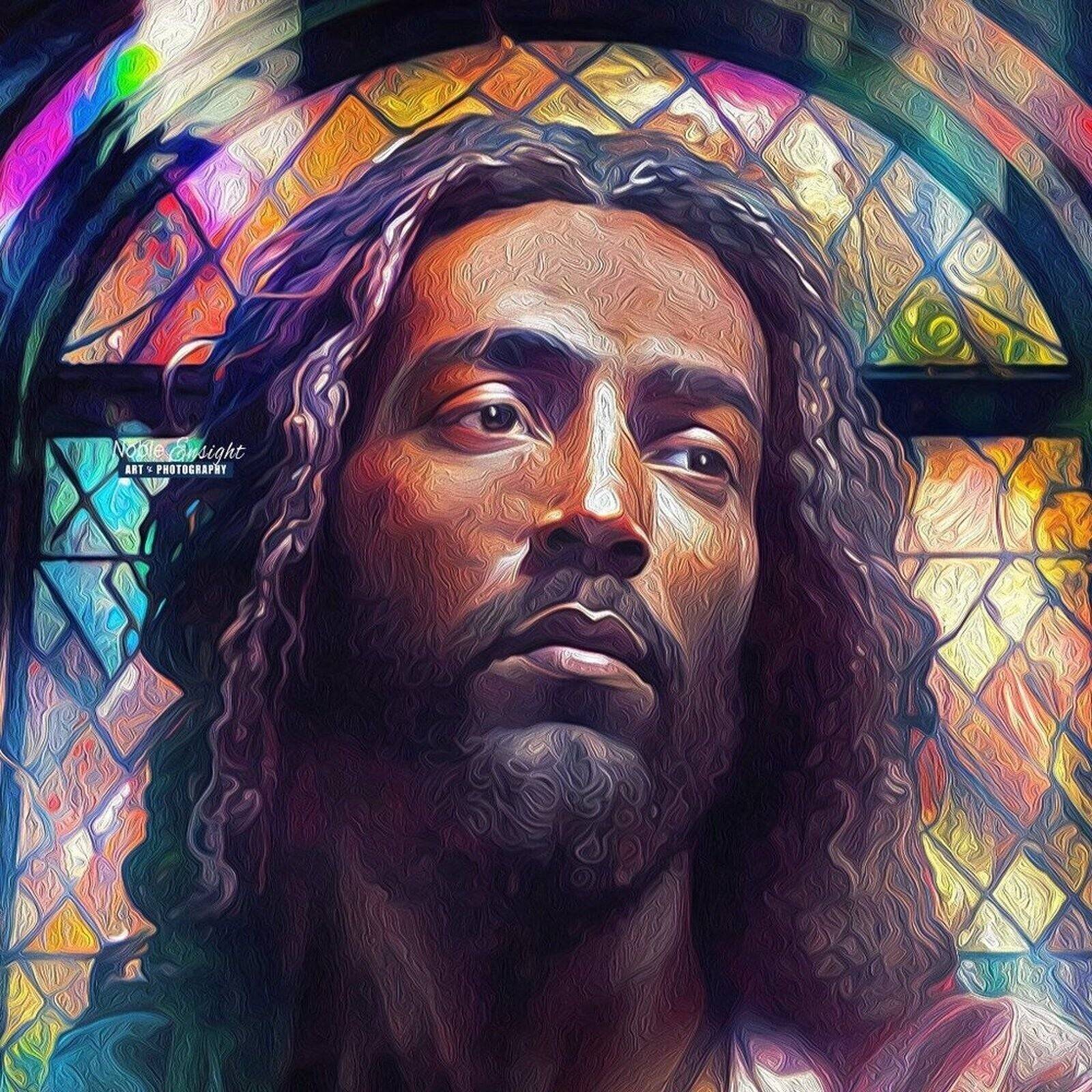 8X8 Black Jesus Stained Glass Wall Art Watercolor Oil Painting Print