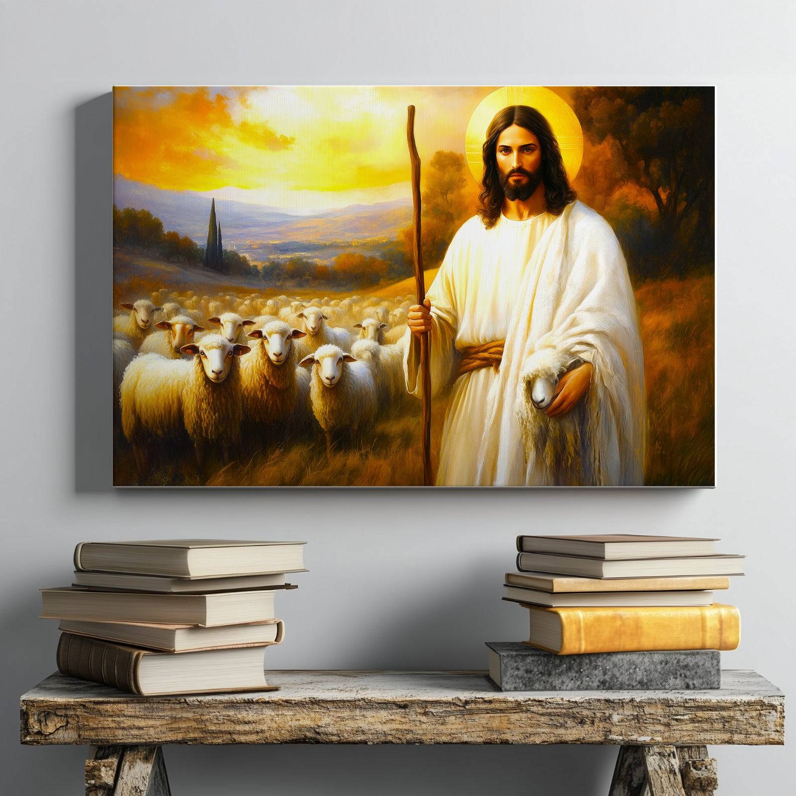 Original Artwork Jesus Shepherd Oil Painting Print on Framed Canvas Wall Art