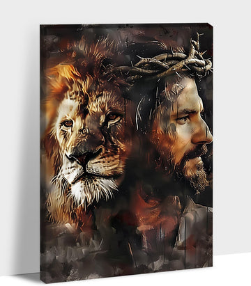 Jesus Wall Art - Lion of Judah Wall Art, Lion and Jesus Pictures for Wall Decor, Christian Wall Art Jesus Painting Canvas Print Jesus Poster Framed Ready to Hang 12X18''