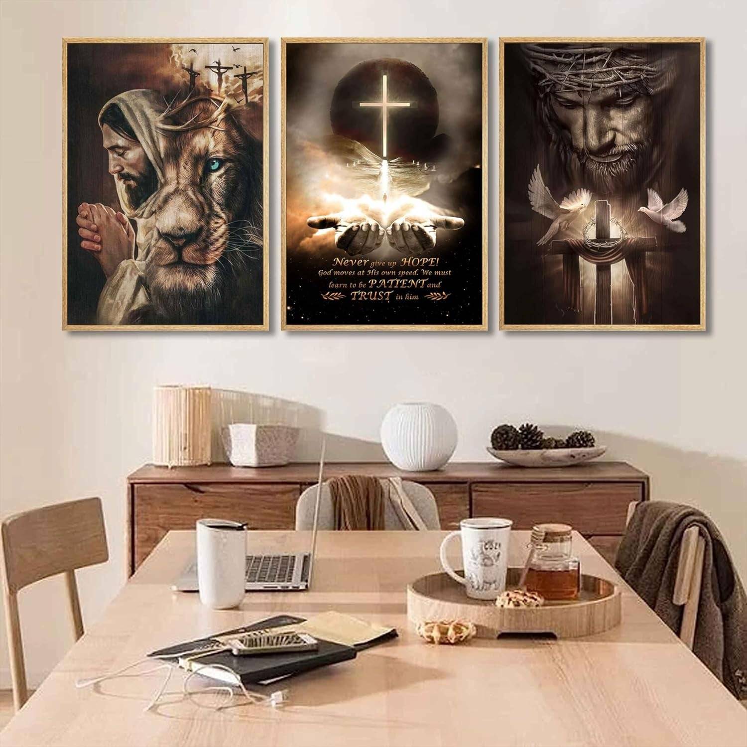 3Pcs Jesus Wall Art Jesus Lion Posters Pictures Christian Paintings Cross Bible Art Canvas Prints Cross and Peace Dove Decor Redemption and God Series for Room Religious Churches Wall Decor Unframed